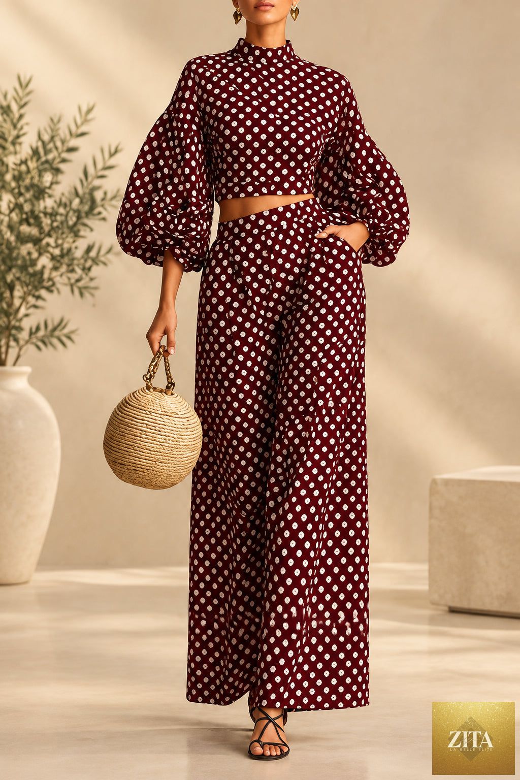 Women's 2-Piece Polka Dot Set – Lantern-Sleeve Mock-Neck Crop Top & High-Waisted Wide-Leg Trouser