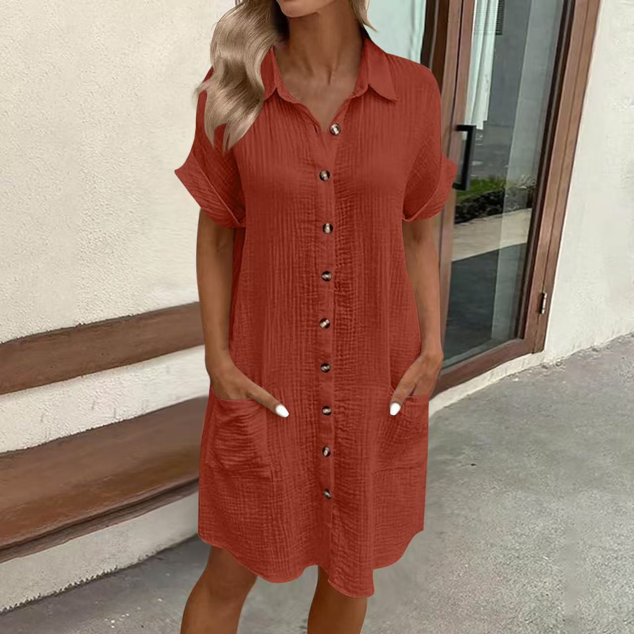 Women’s casual loose short-sleeve midi shirt dress with button-down front by FitiqueFit, shown in a relaxed fit style.