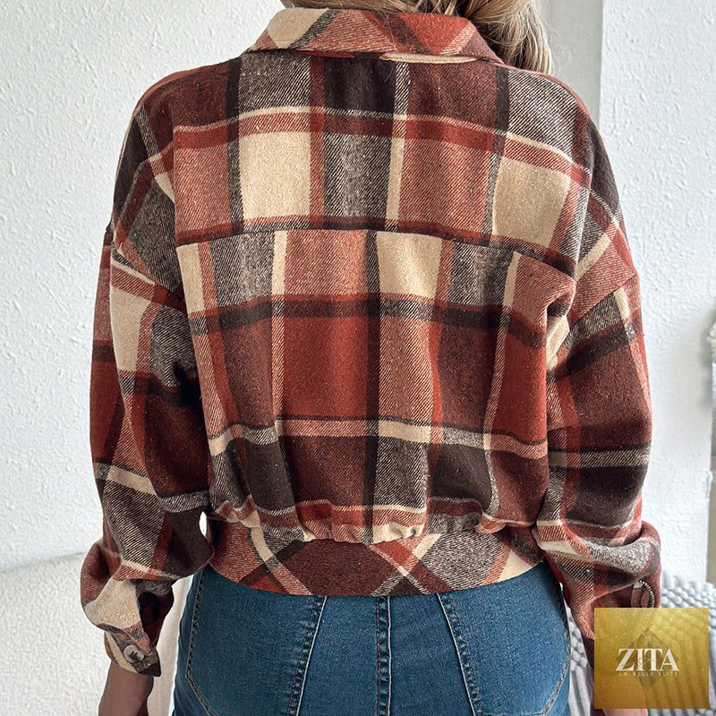 Women’s plaid shacket by FitiqueFit, long-sleeve button-down shirt jacket in classic plaid pattern, casual and versatile outerwear.