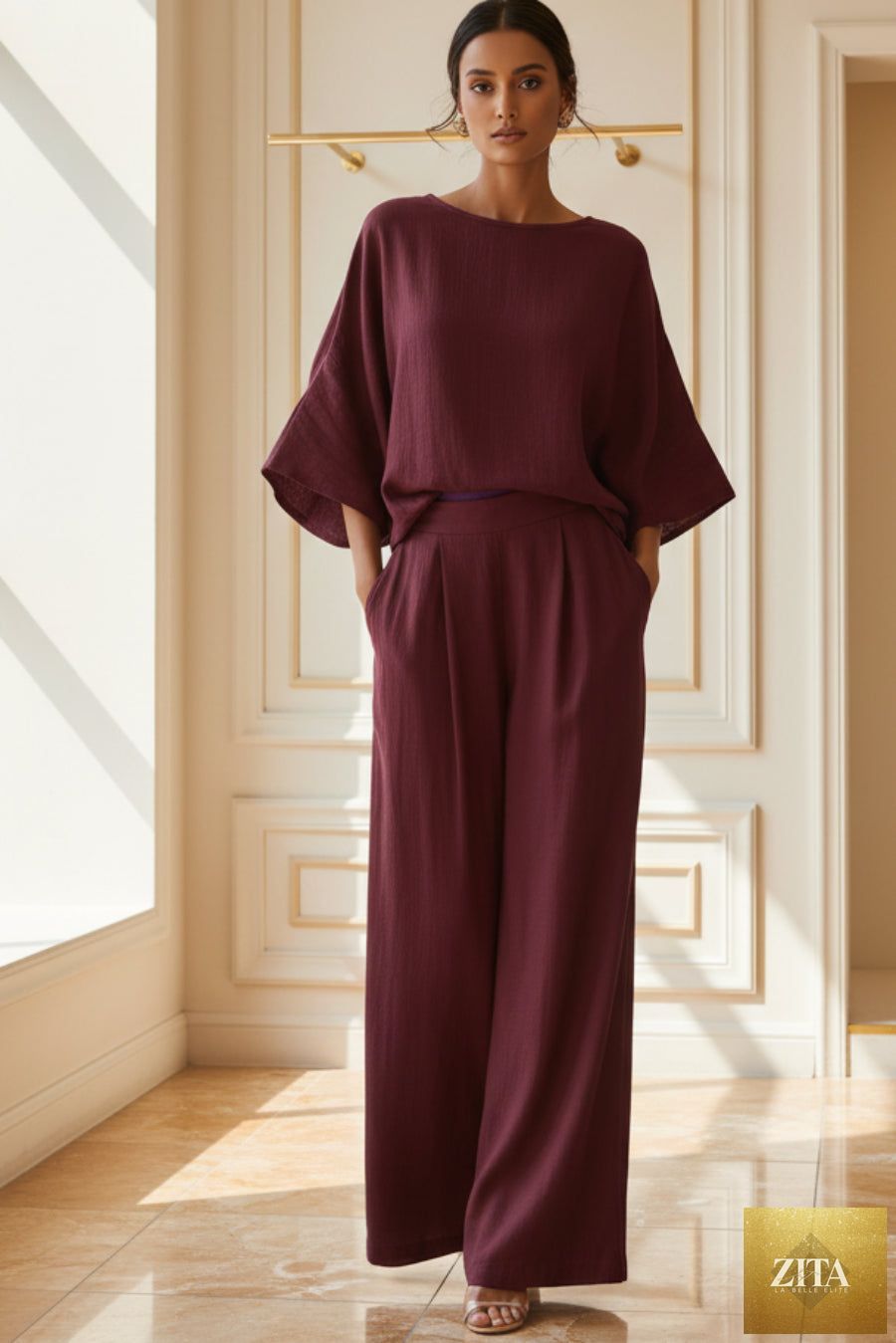 Women's Batwing-Sleeve Top & Wide-Leg Pleated Trousers Two-Piece Set