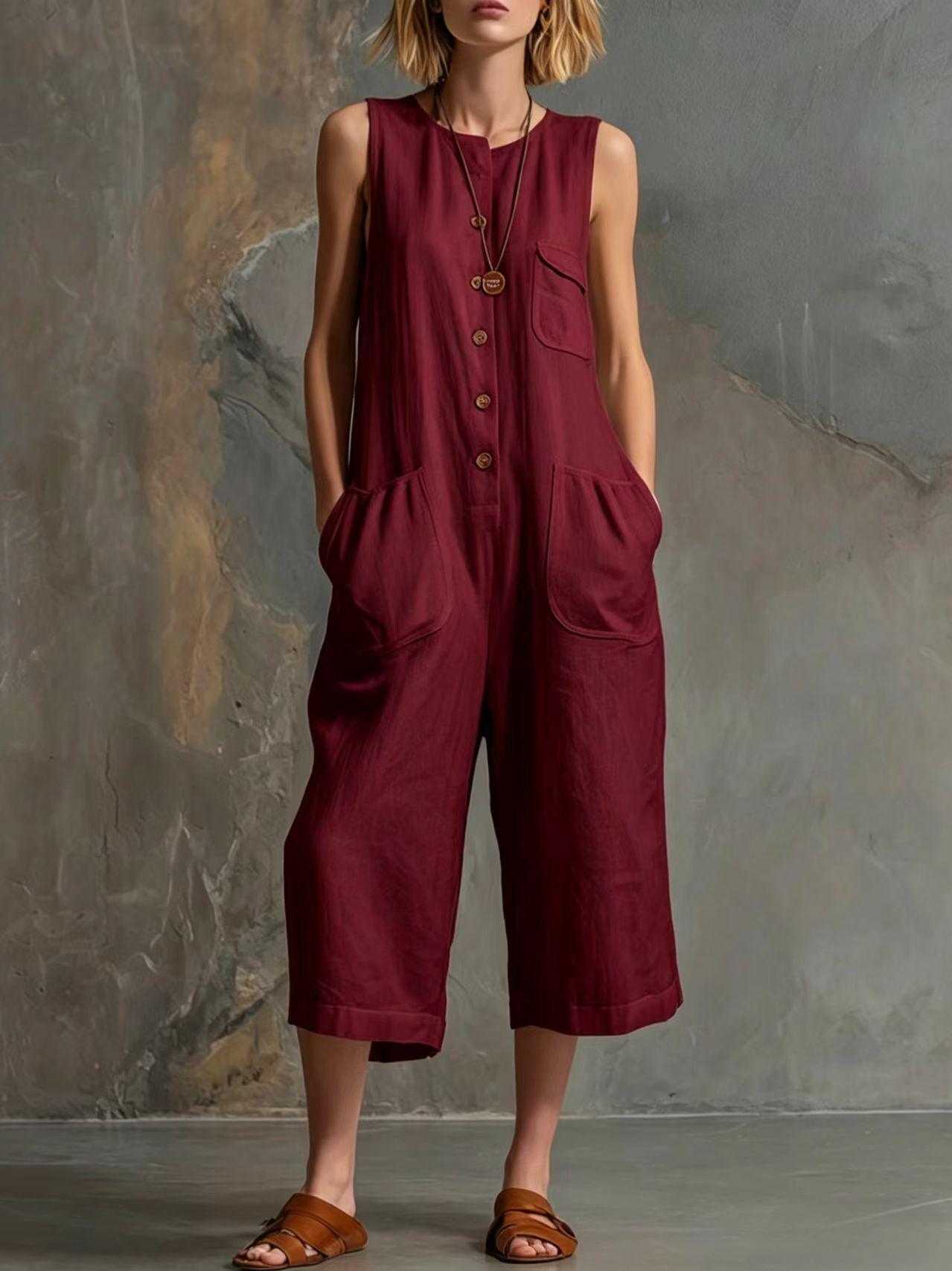 Women's retro sleeveless wide-leg cropped jumpsuit by FitiqueFit, casualwear with a stylish, relaxed fit and wide-leg design.