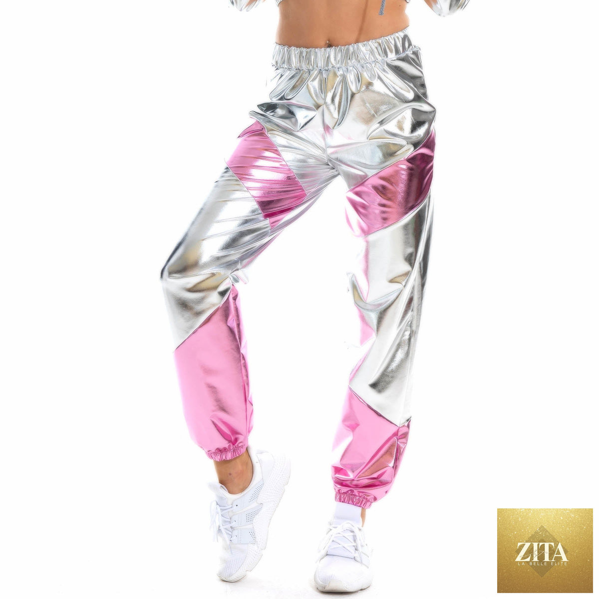Bright contrast color trousers for women by Bella Mia, featuring bronzing patent leather, colorful laser pockets, and a loose fit.