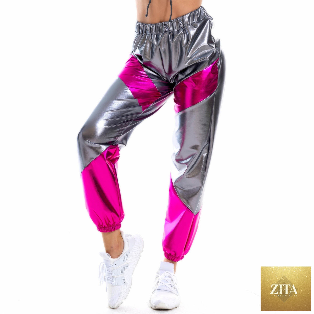 Contrast color trousers for women by Bella Mia, bronzing patent leather style with colorful laser pockets and loose fit.