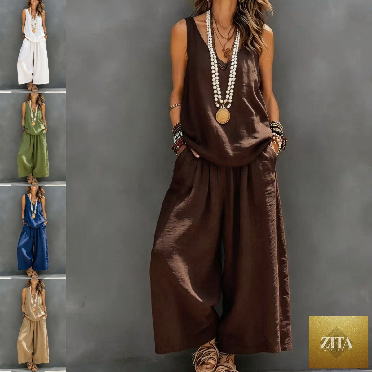 Womens Solid-Colored Casual Sleeveless Tank Top And Wide-Leg Pants Cotton-Linen Set For Daily Wear Holiday Outfit