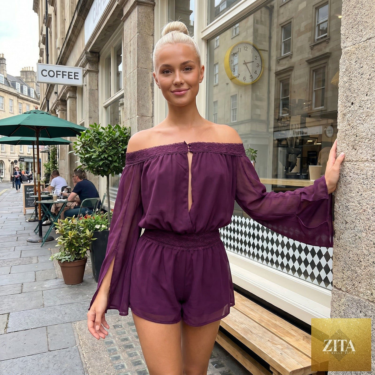 Women's Sheer Chiffon Off-Shoulder Lace-Trim Bell-Sleeve Top & Shorts Set
