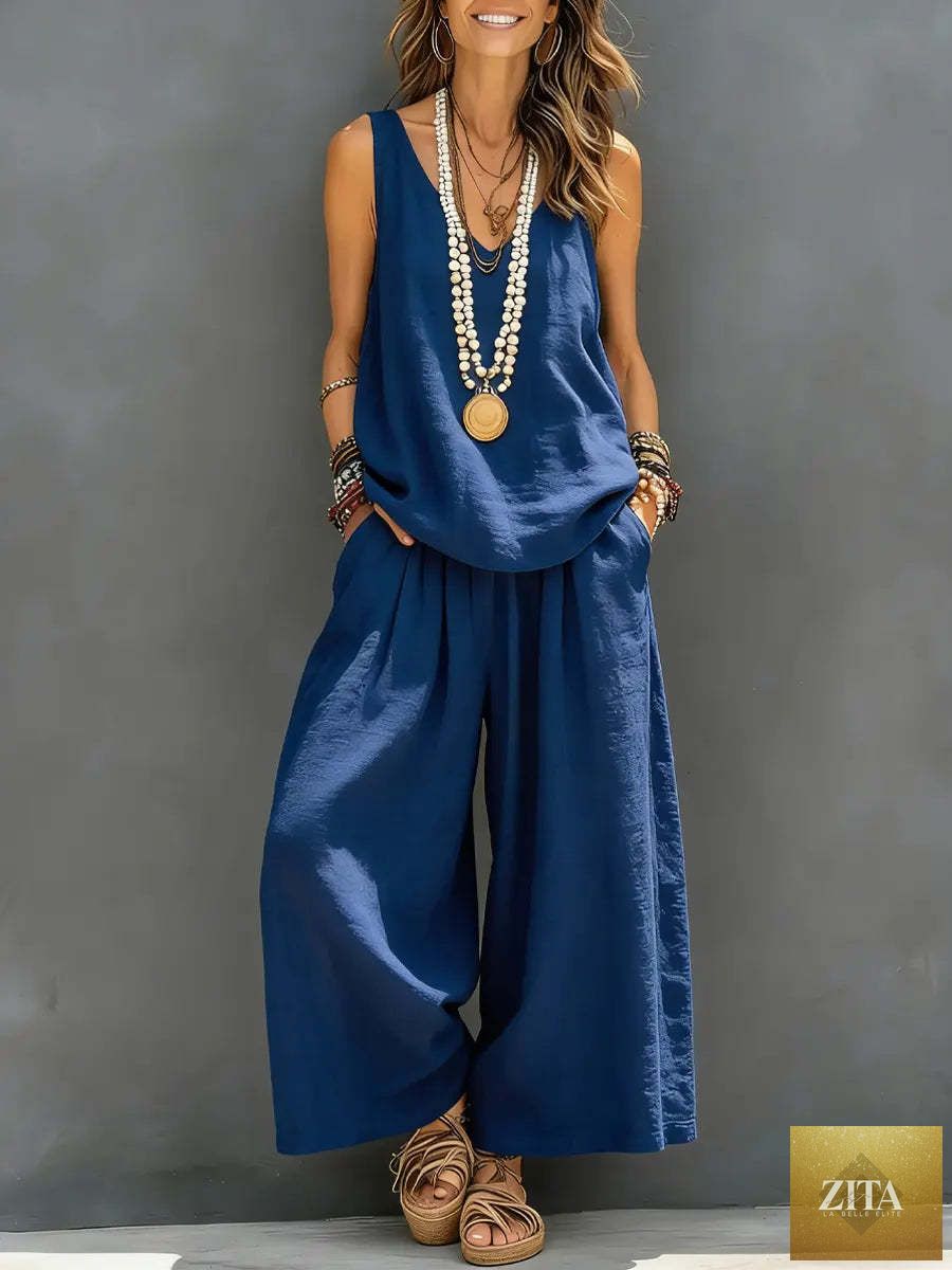 Womens Solid-Colored Casual Sleeveless Tank Top And Wide-Leg Pants Cotton-Linen Set For Daily Wear Holiday Outfit