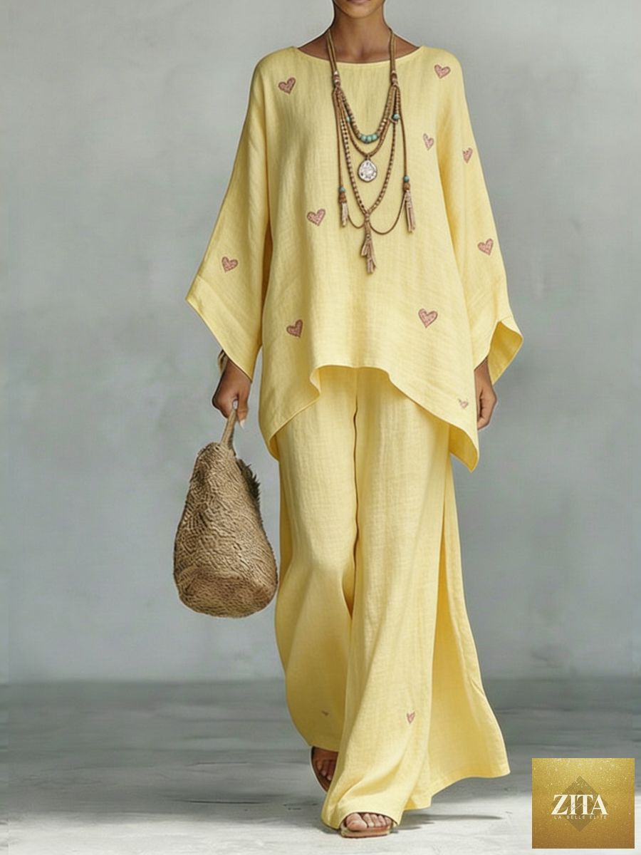 Meridge floral print bamboo linen two-piece set with wide-leg pants, featuring a colorful floral top and matching pants.