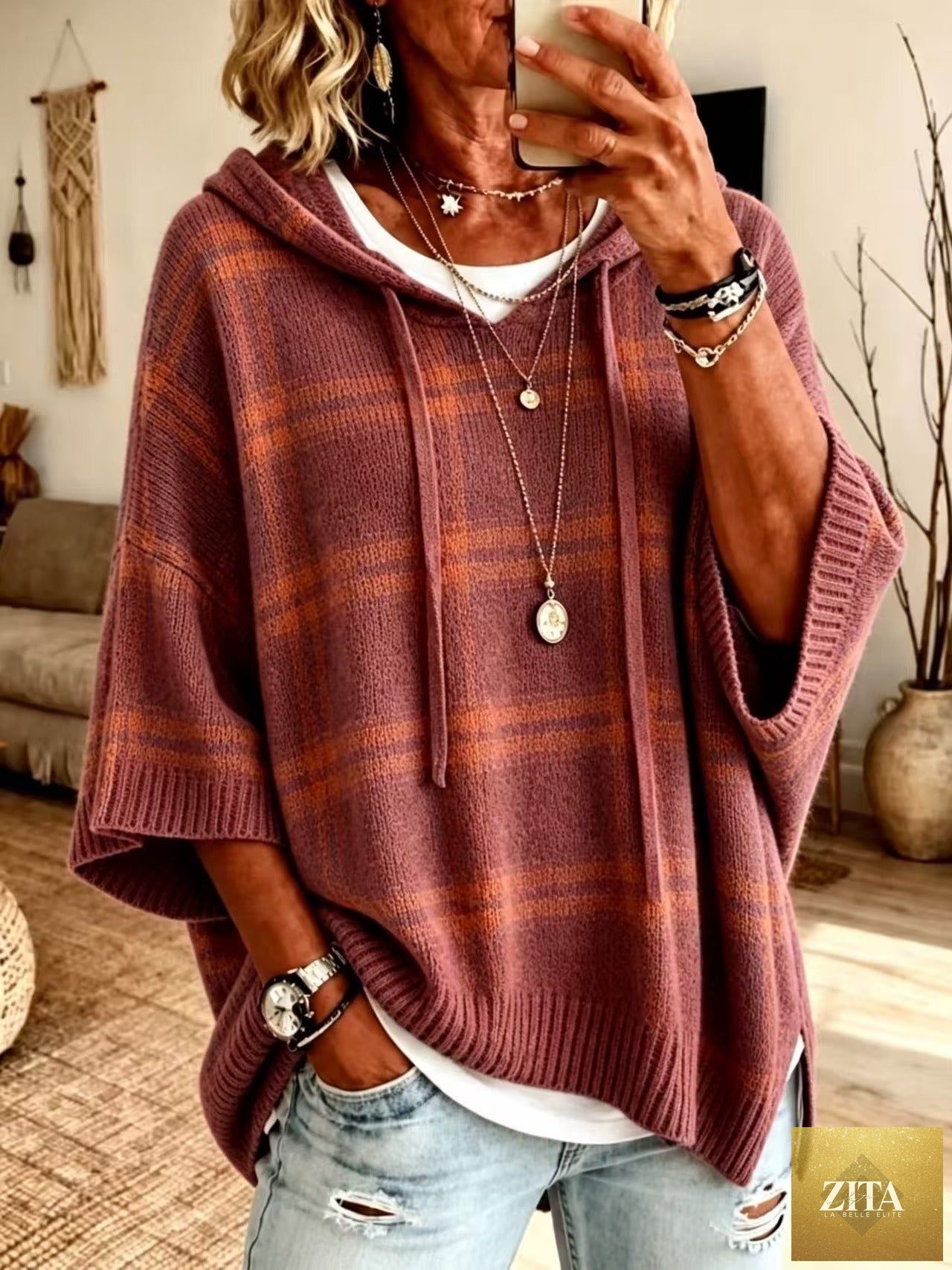 Plaid Knit Hooded Batwing Sweater