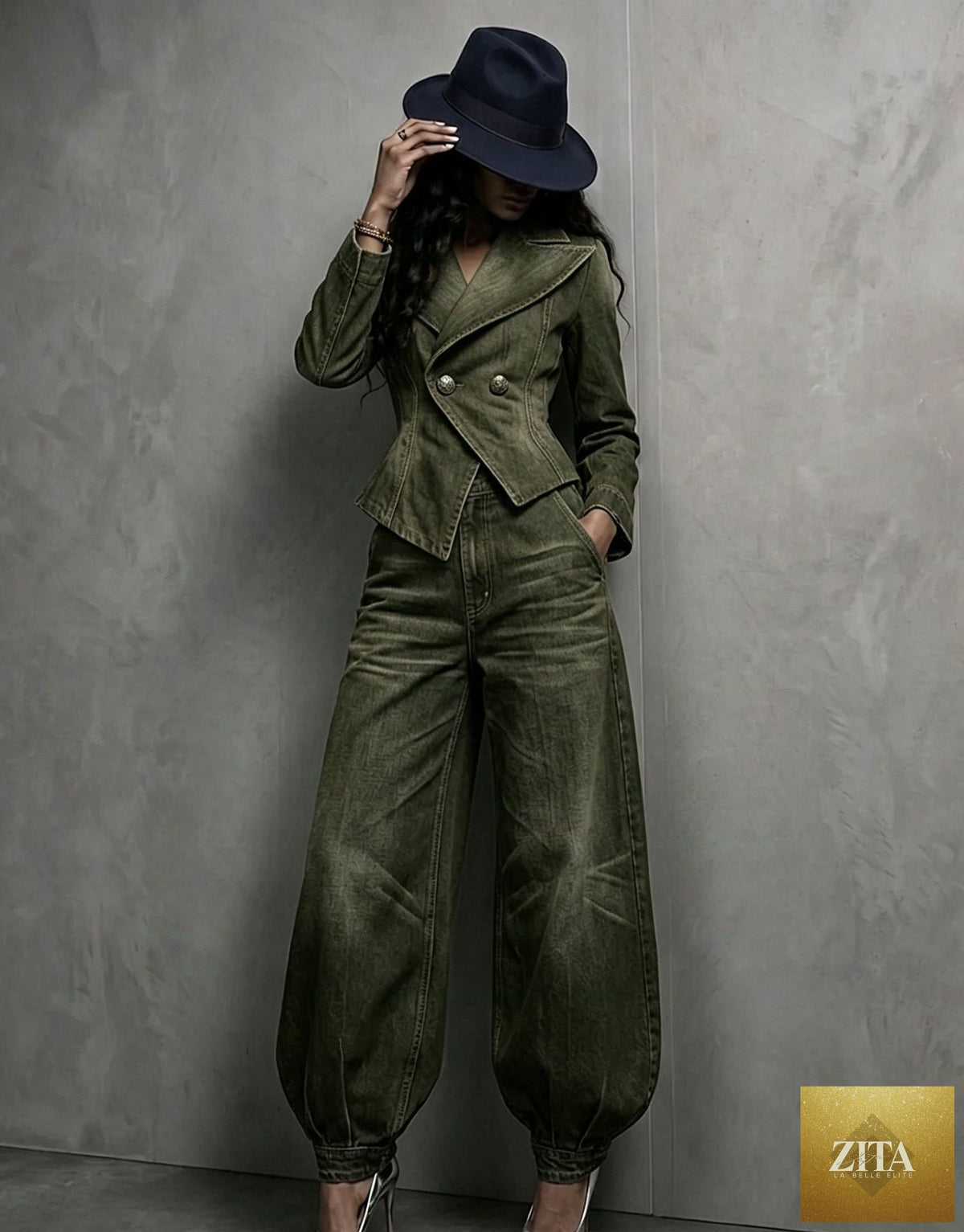 Women's distressed denim asymmetric double-breasted jacket and balloon-leg trouser set by MERIDGE, featuring washed, casual style.
