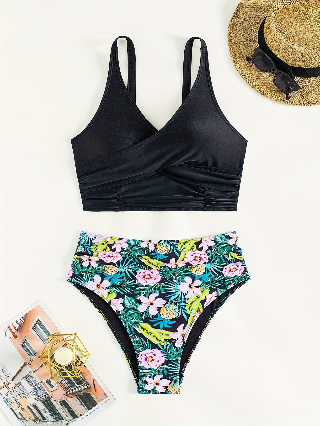 Stevvex black high waist bikini set with twist front, V neck, ruched tummy control, and cross strap detail, quick-drying polyamide swimwear
