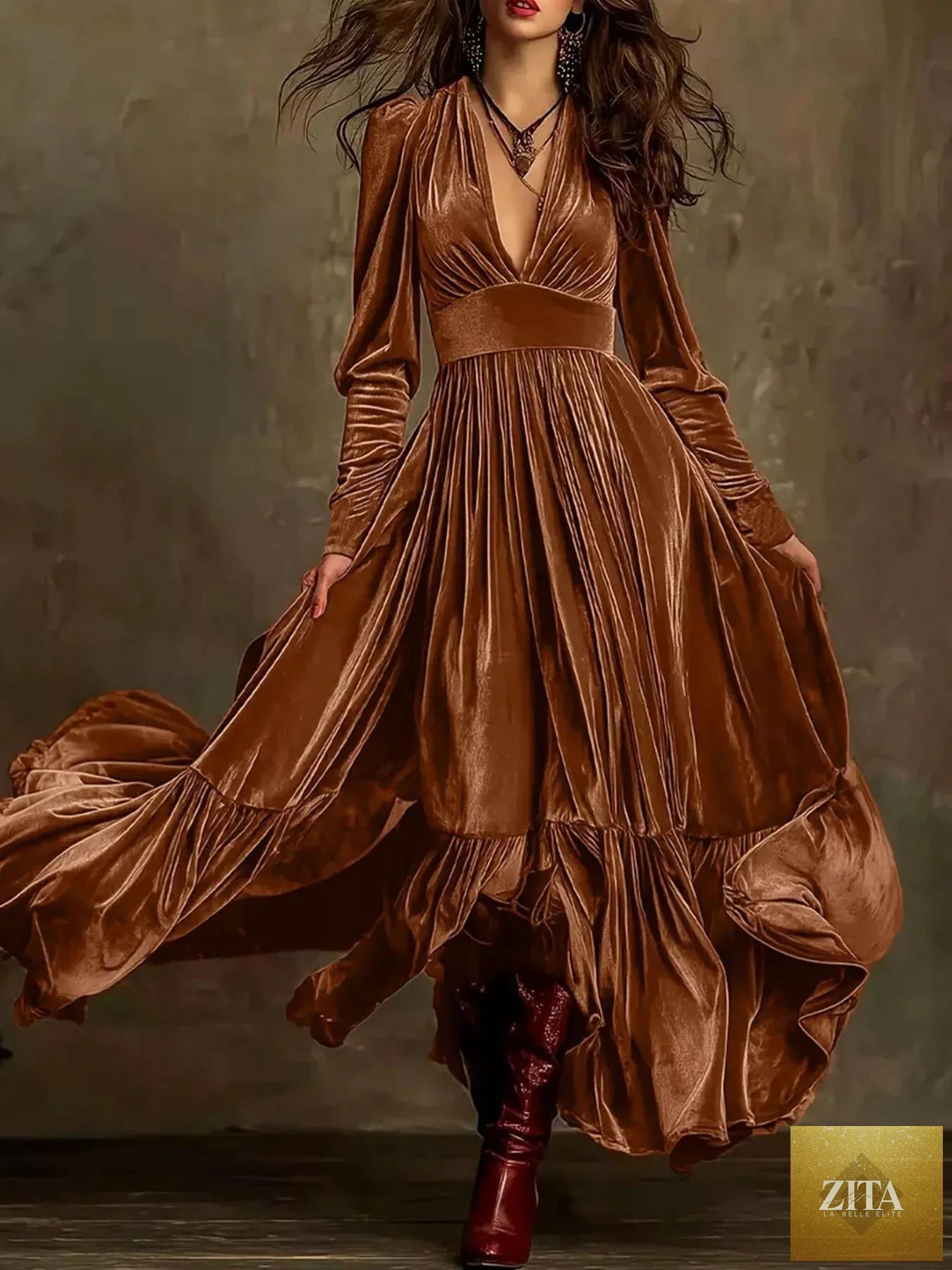 Elegant velvet V-neck long sleeve maxi dress by Shopiebay, featuring a flowing silhouette and luxurious fabric in rich velvet.