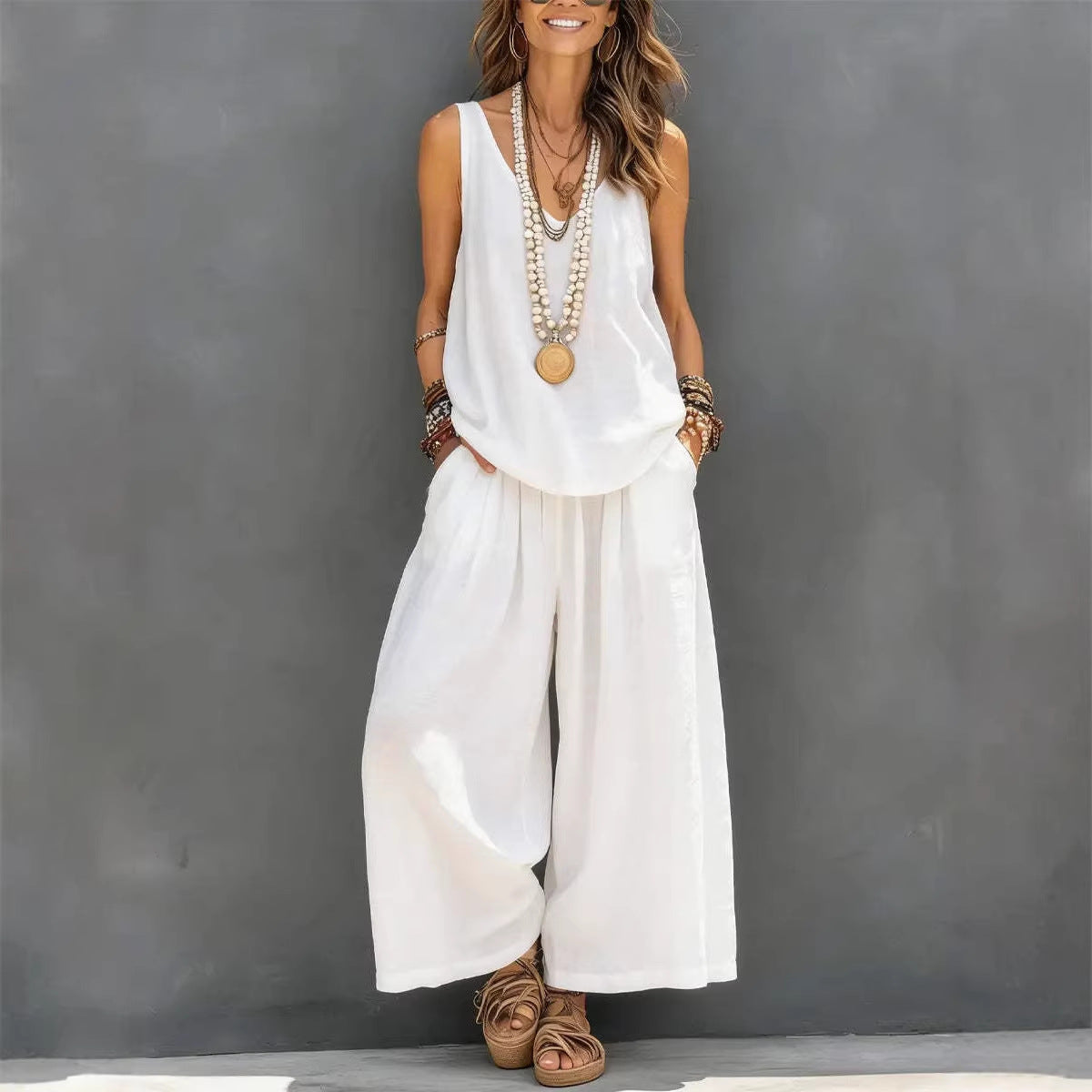 Women’s Cotton Linen Sleeveless Tank Top and Wide-Leg Pants Set