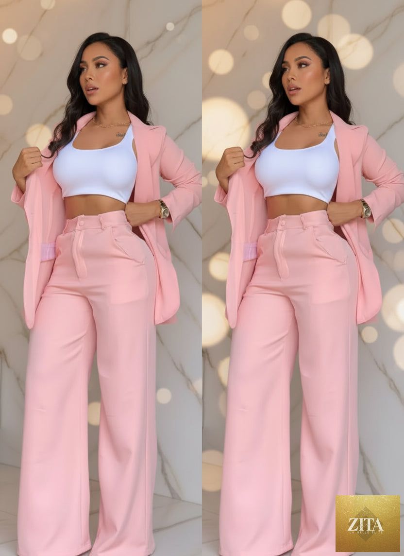 Women's Longline Open-Front Blazer & High-Waist Wide-Leg Trousers Suit Set – 8 Colors