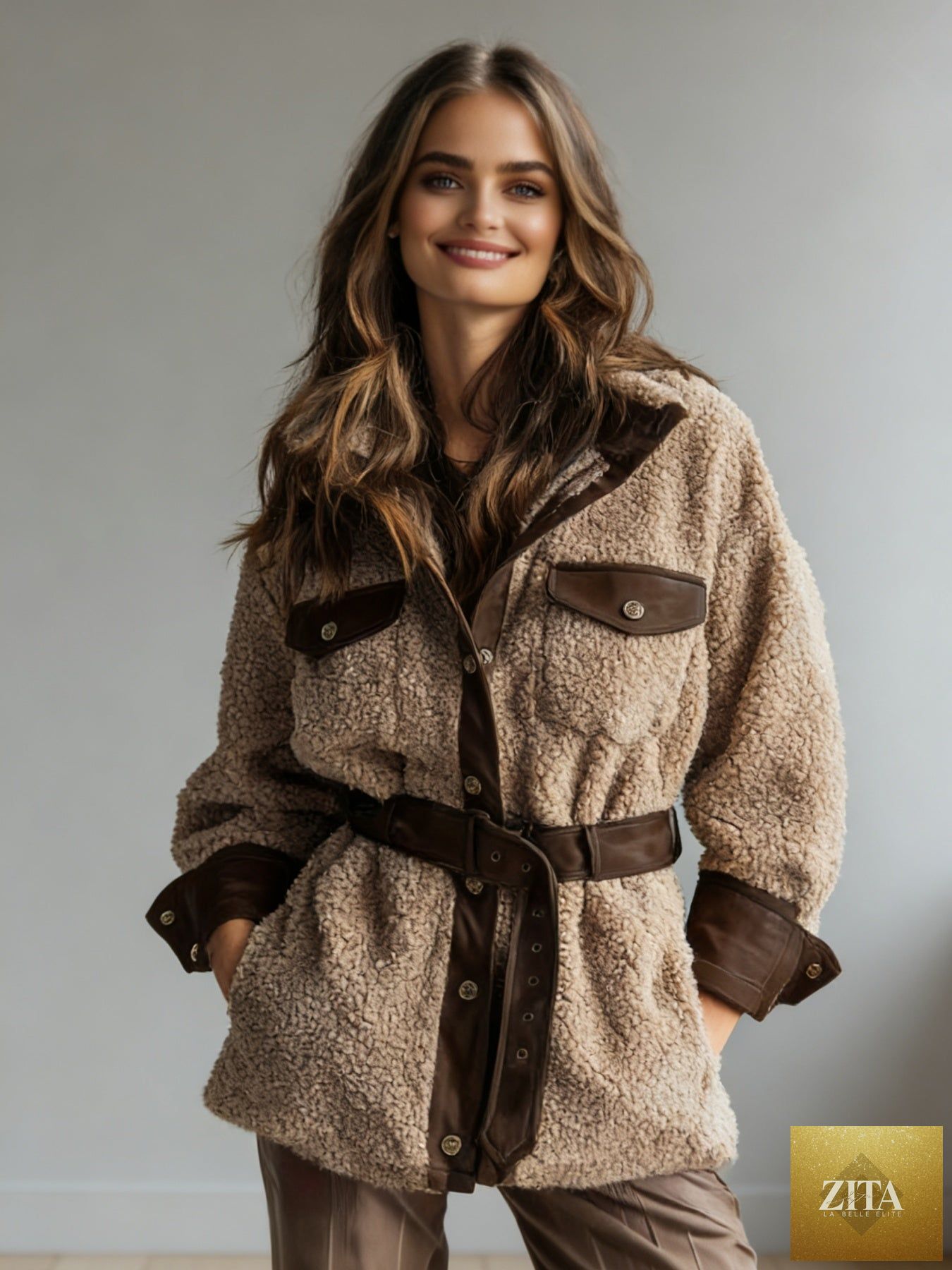 Women’s vintage PU leather jacket from FitiqueFit with lamb fur lining, perfect for autumn and winter casual wear.