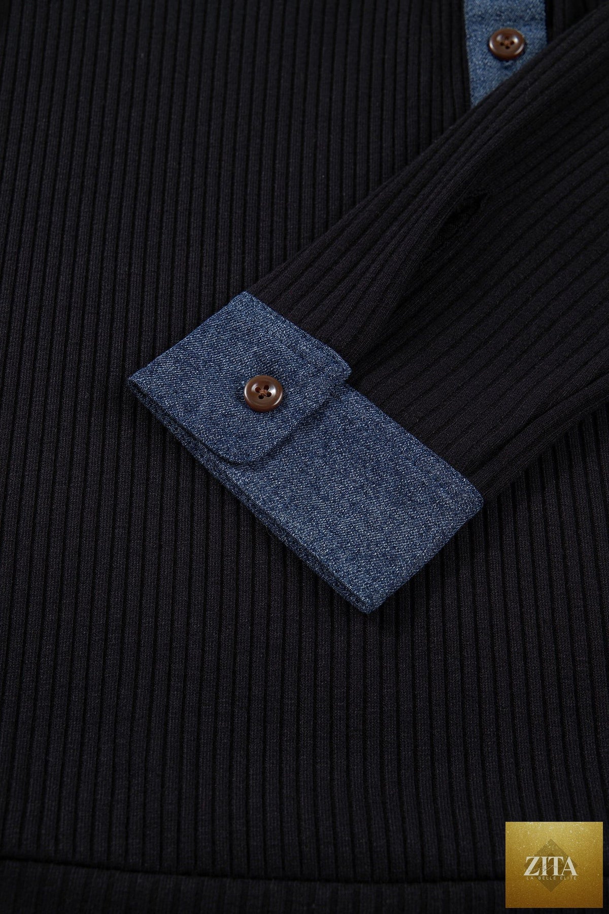 Black Ribbed Knit Contrast Denim Patchwork Hooded Long Sleeve Top