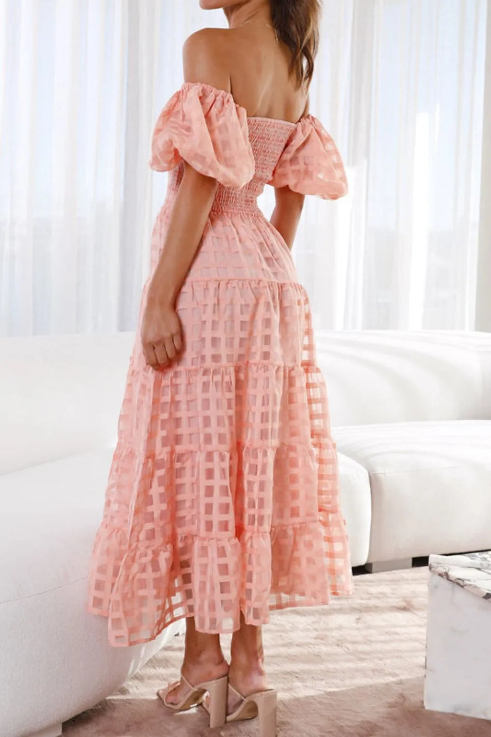 Off shoulder short puff sleeve midi dress by Shopiebay, featuring a fitted bodice and flowy skirt in a stylish design.