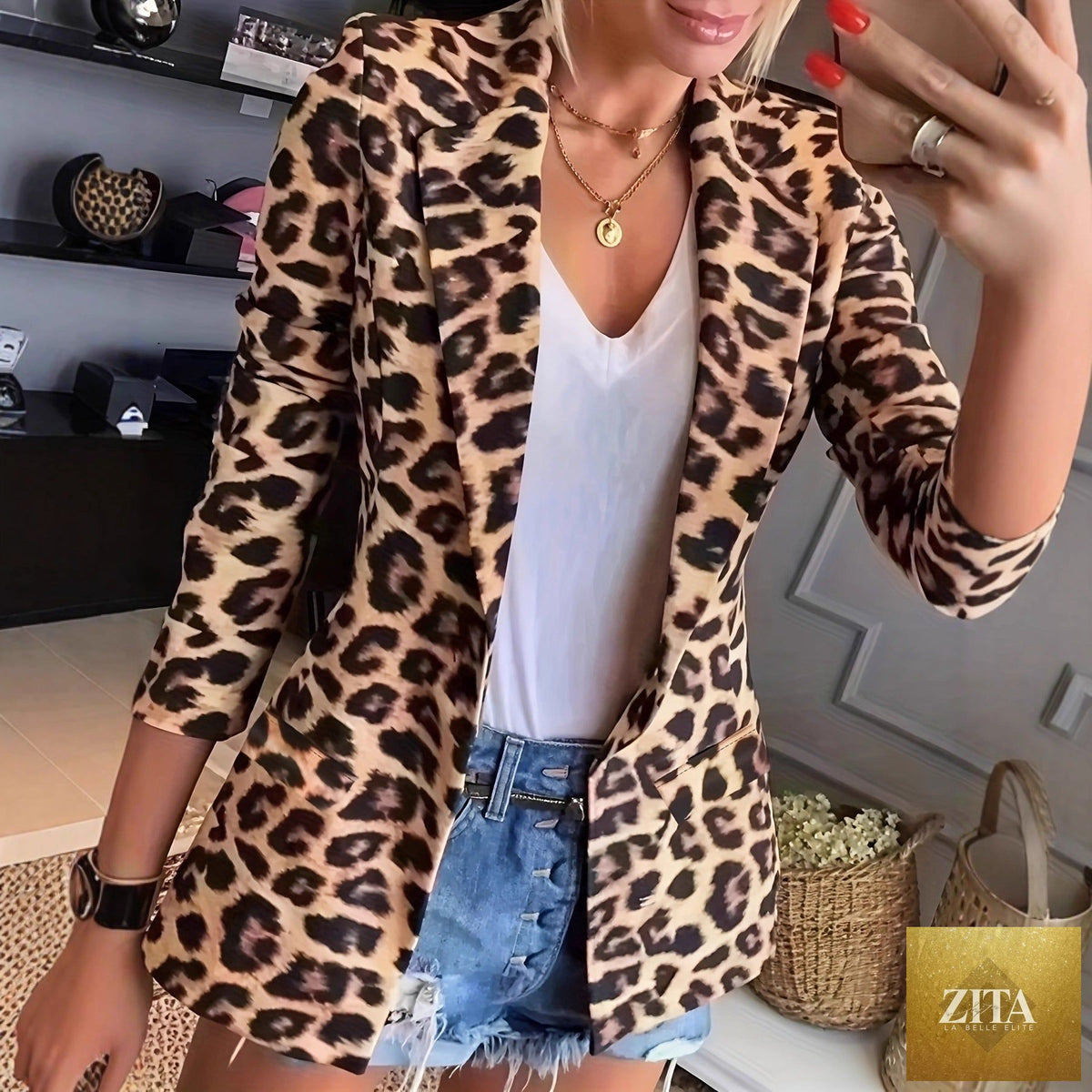 Leopard-print women's blazer by Sell My Stuff, tailored fit with stylish lapels and long sleeves, perfect for fashionable office wear