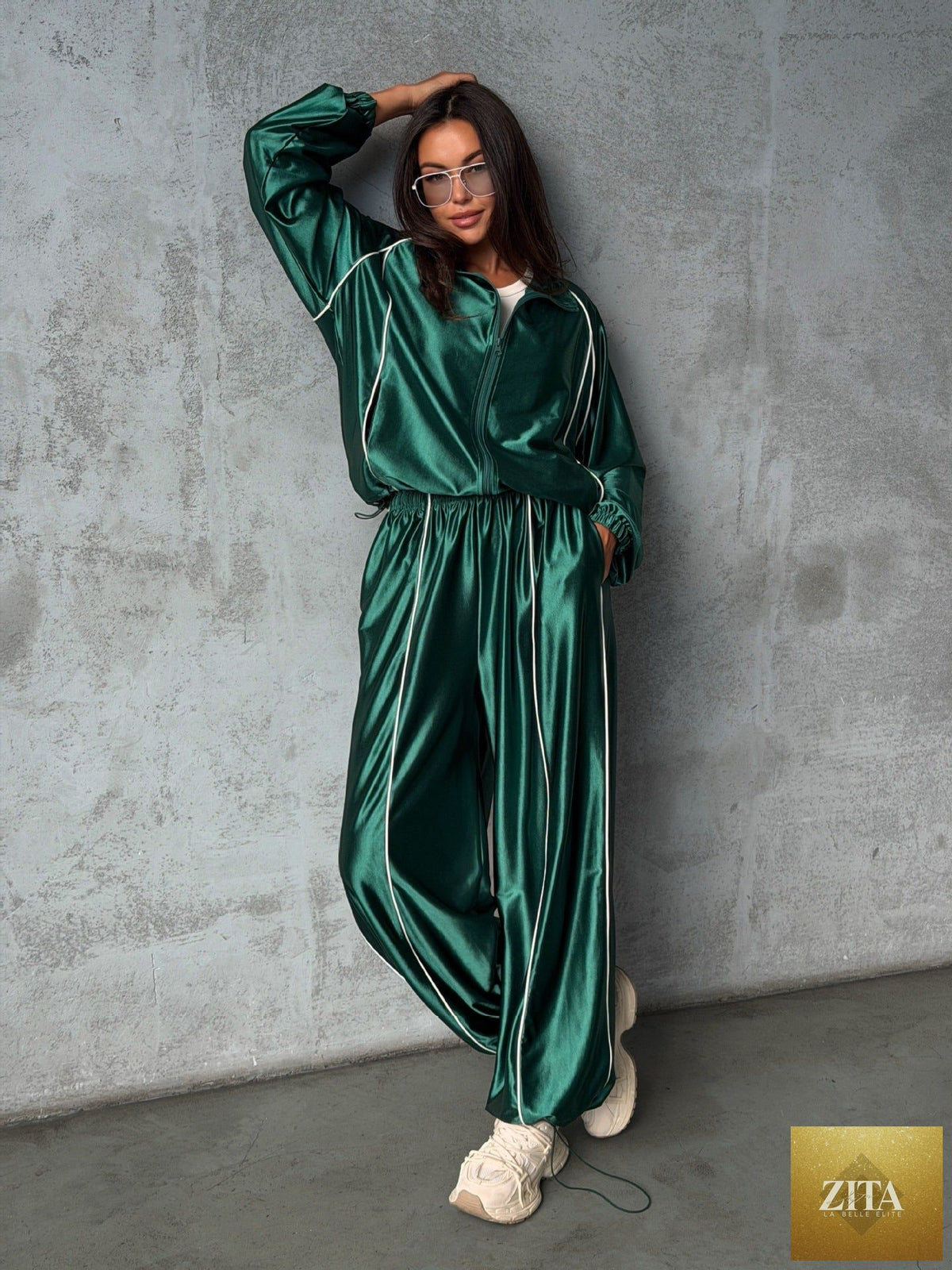 Women's Satin-Finish Zip Track Jacket & Wide-Leg Pants Set