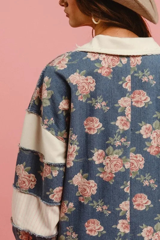 BiBi Washed Floral Denim Romper With Contrast Collar