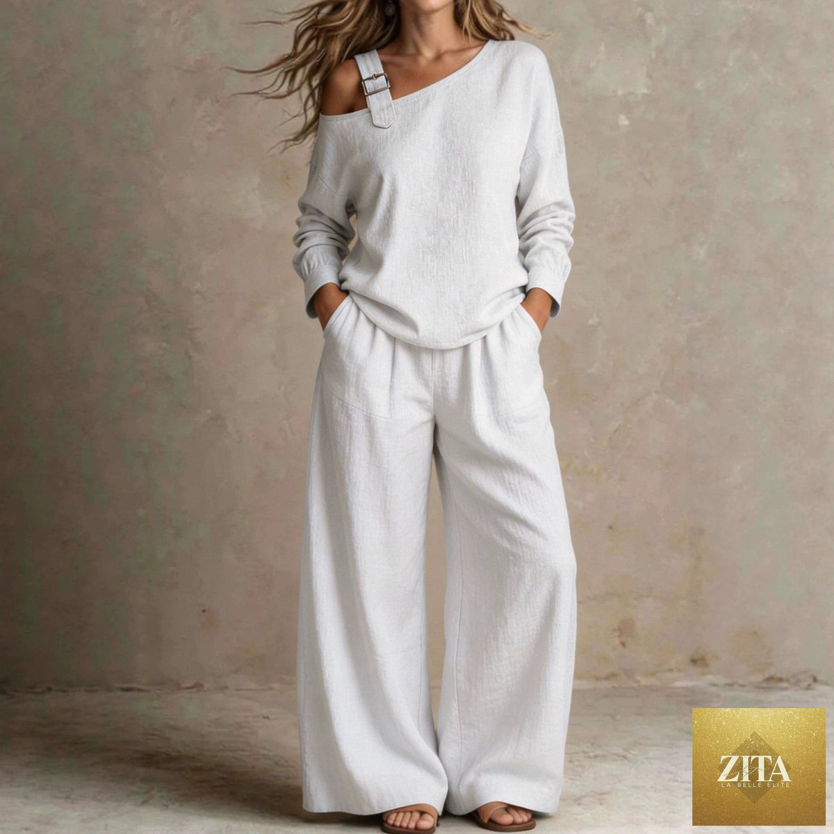 Women's One-Shoulder Buckle-Strap Long-Sleeve Linen Blend Top & Wide-Leg Palazzo Trouser Set