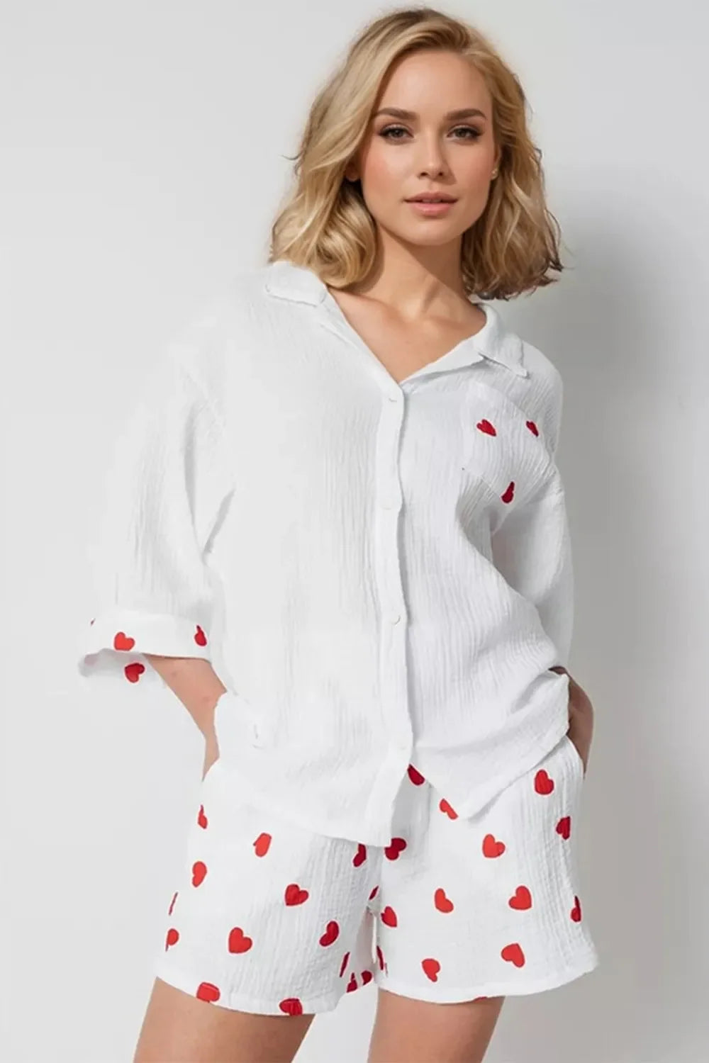 Basic Bae heart-collared neck button-down top and shorts set, featuring a cute heart detail and casual summer style.
