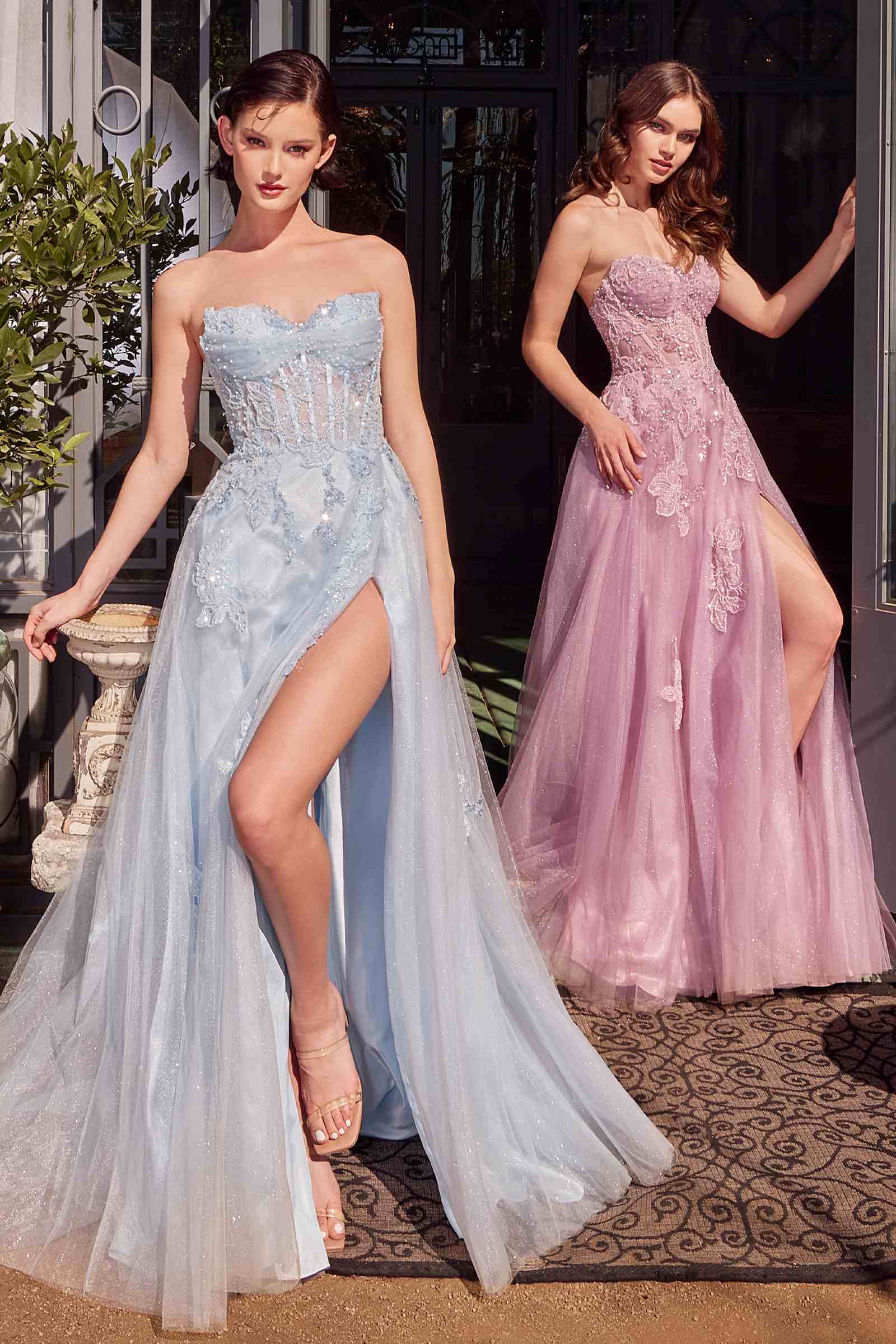 Strapless layered tulle ball gown in mauve pink and light blue by Andrea & Leo, perfect for formal occasions.