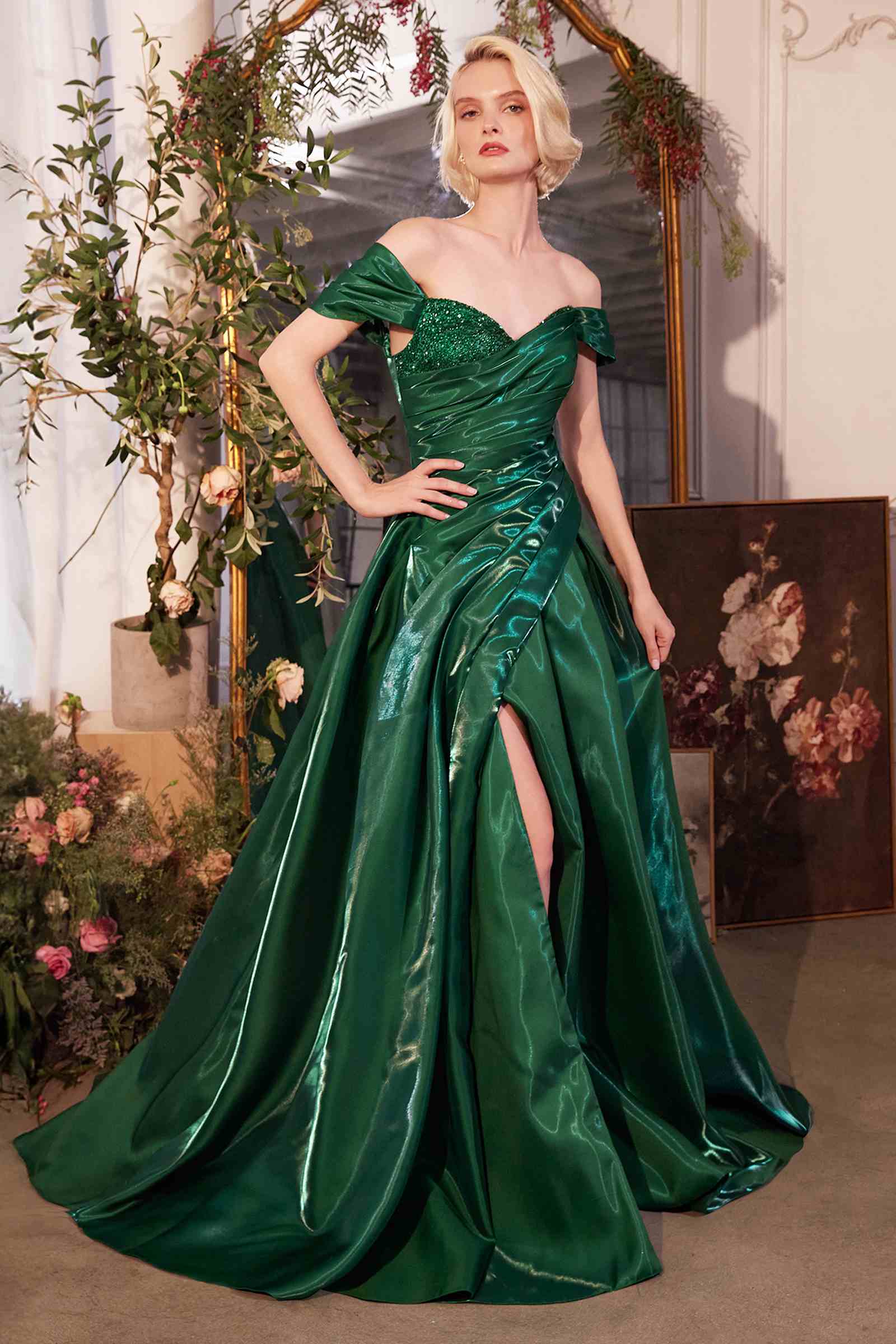 Emerald off-the-shoulder organza ball gown by Andrea & Leo, elegant dress with flowing fabric and intricate design details.