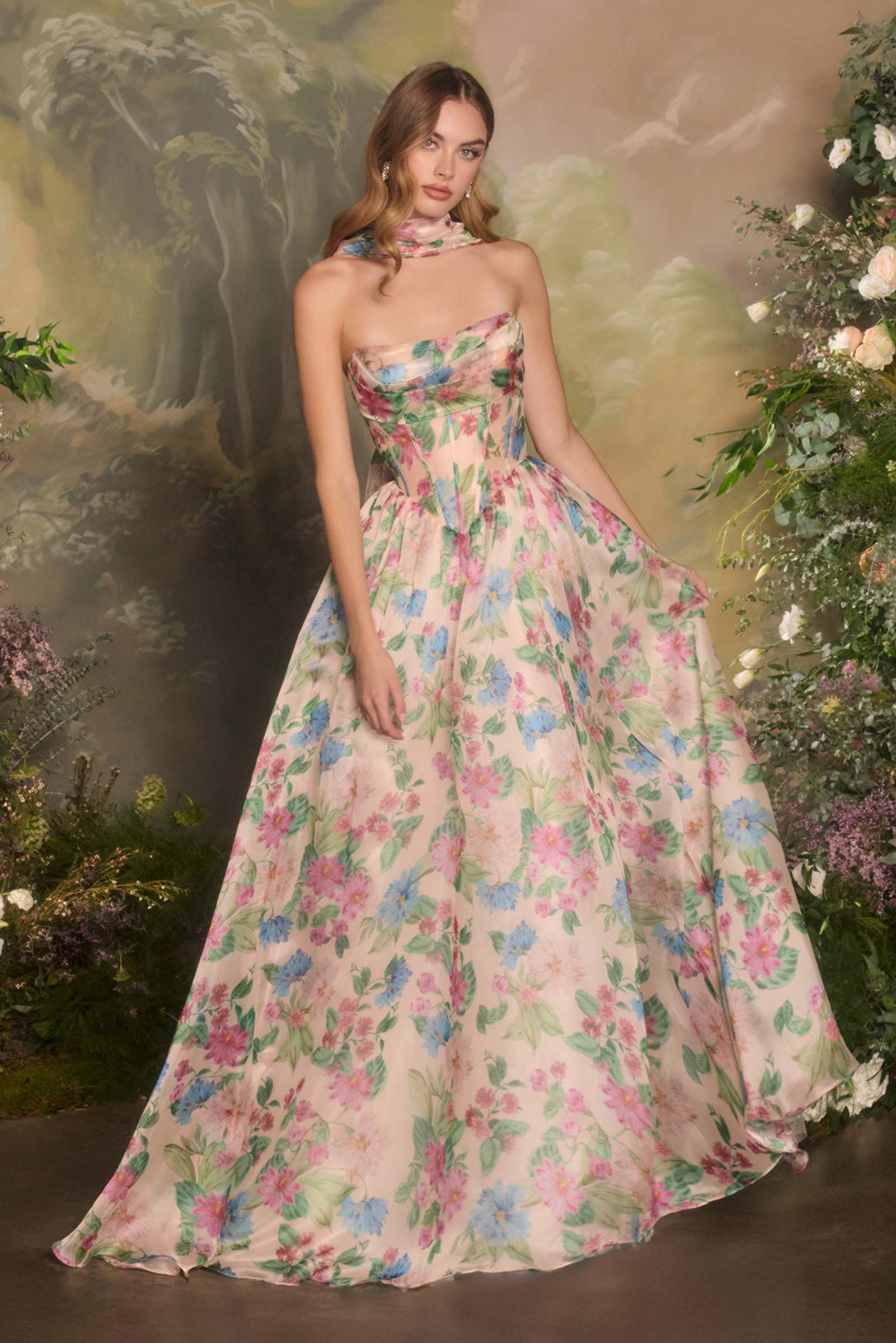 Pink and blue floral print Andrea & Leo A1425 long strapless A-line corset gown with floral bodice detail, front view.