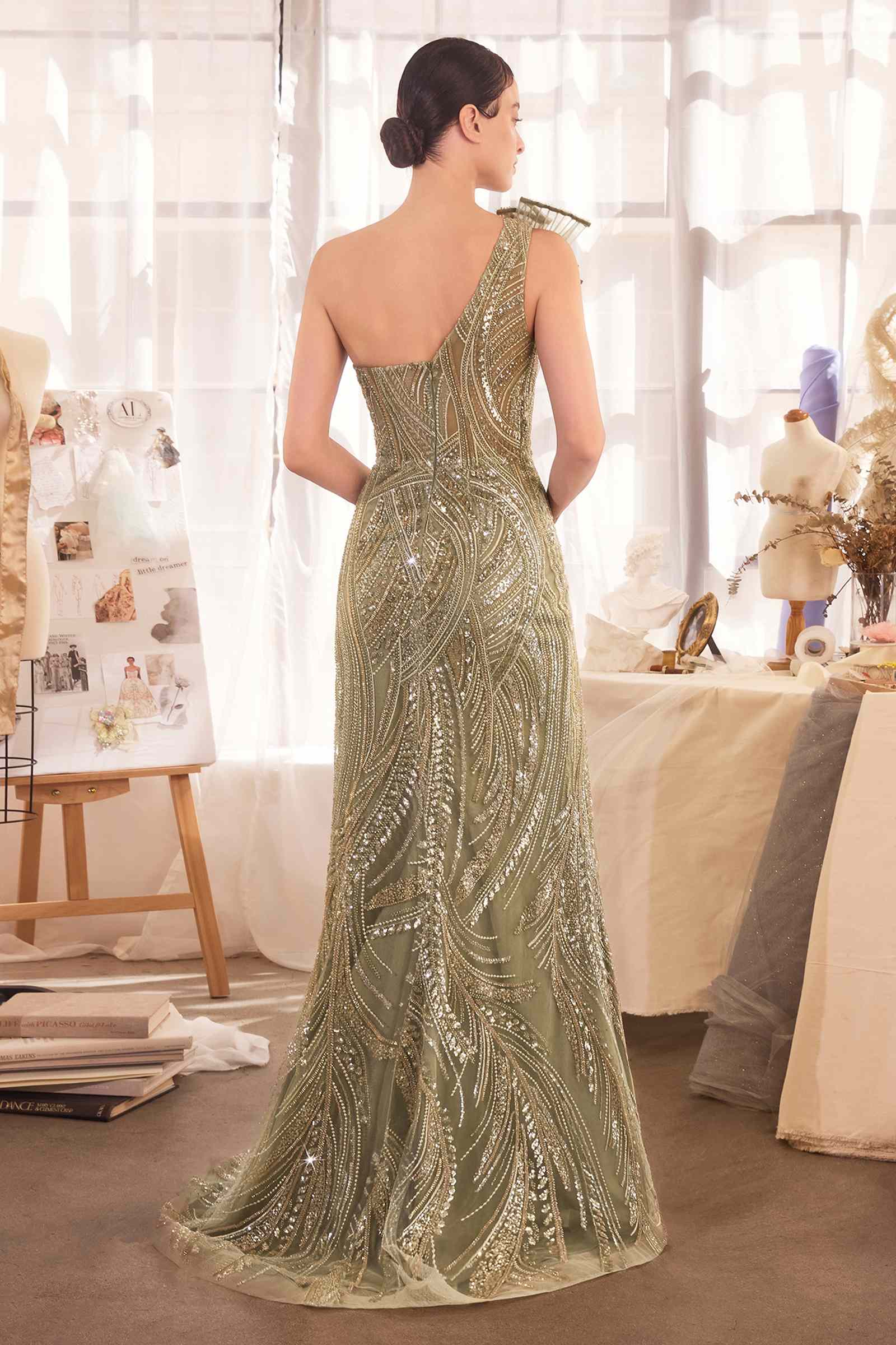 Elegant one-shoulder Andrea & Leo A1435 beaded evening gown with a flowing silhouette and intricate beadwork for formal occasions.