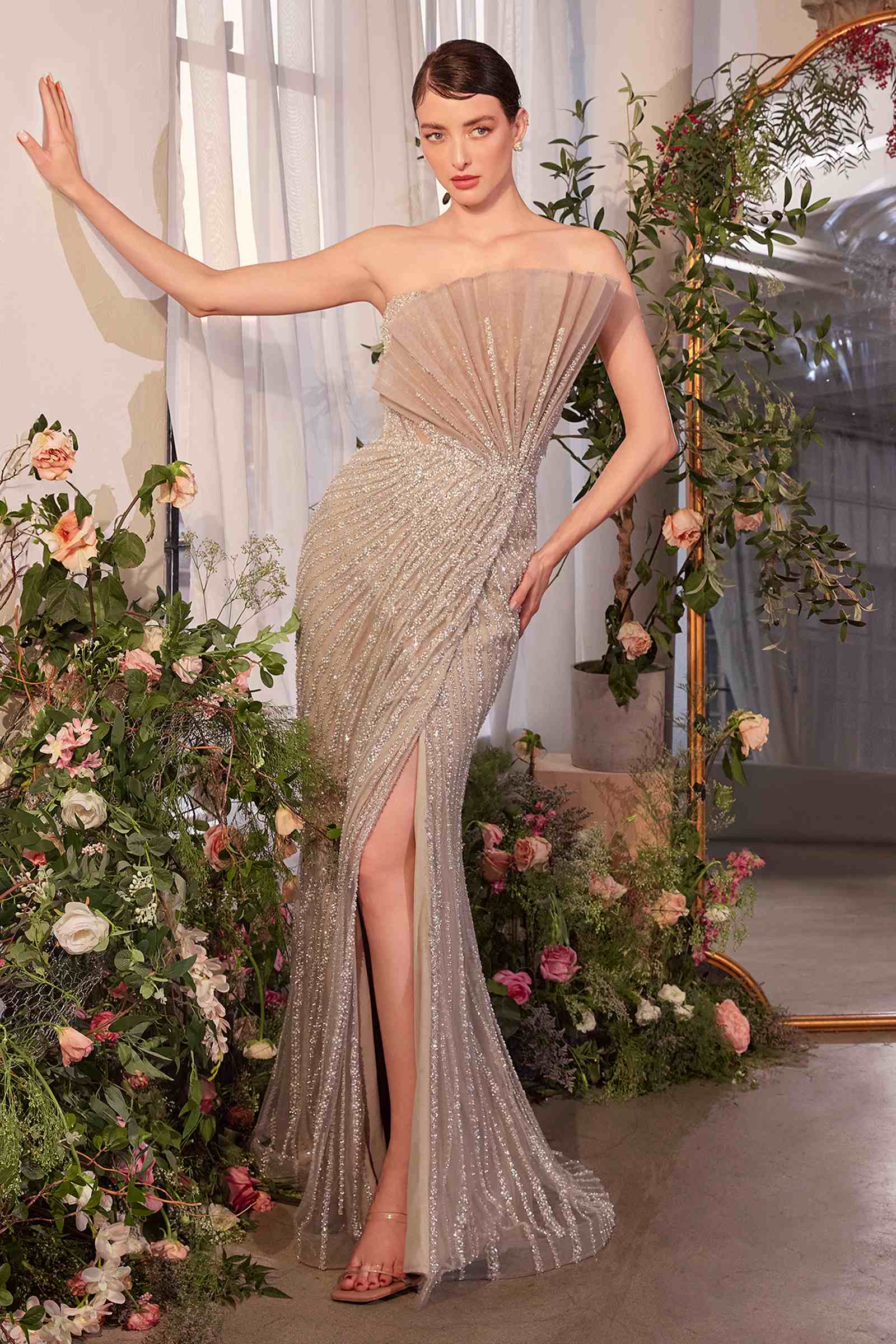 Andrea & Leo A1436 champagne pleated fan bodice fitted pearl gown, elegant dress with intricate detailing and a sophisticated silhouette.