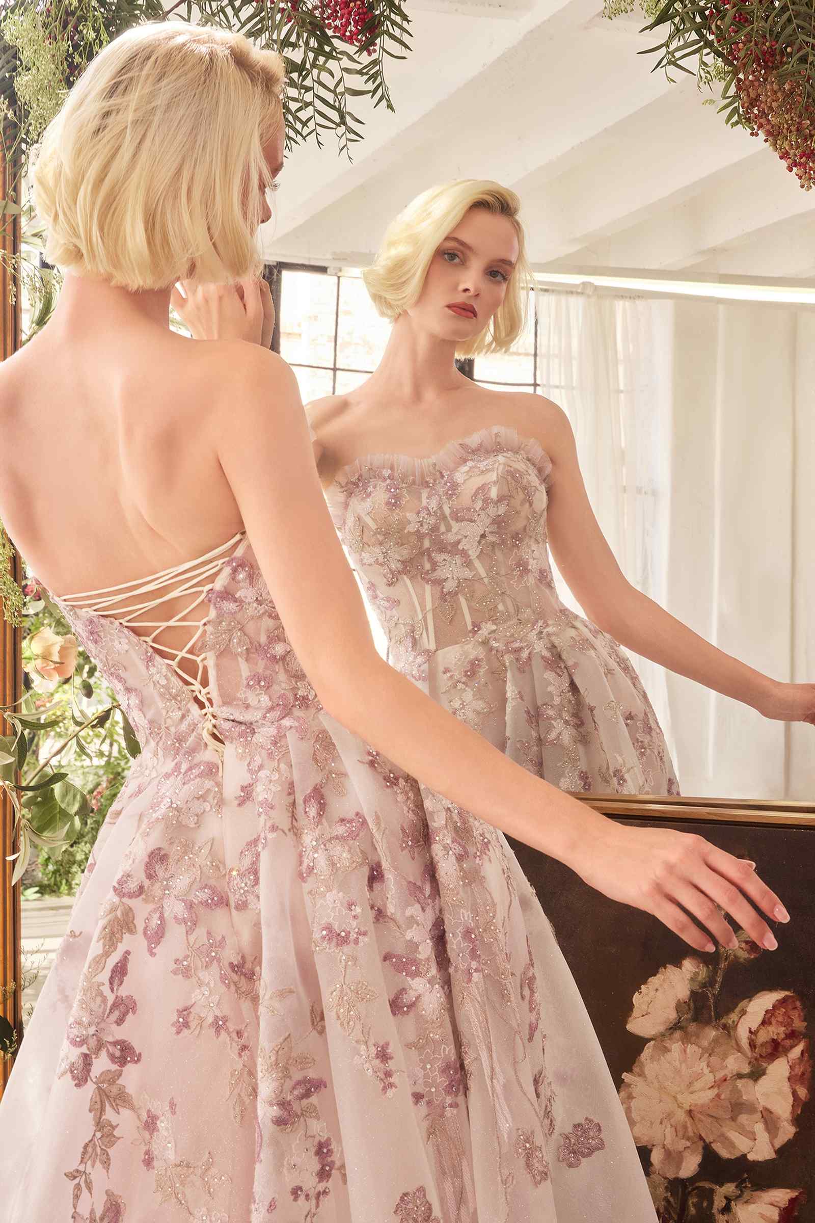 Mauve Andrea & Leo A1455 A-Line corset gown with romantic embroidery, elegant dress for special occasions.
