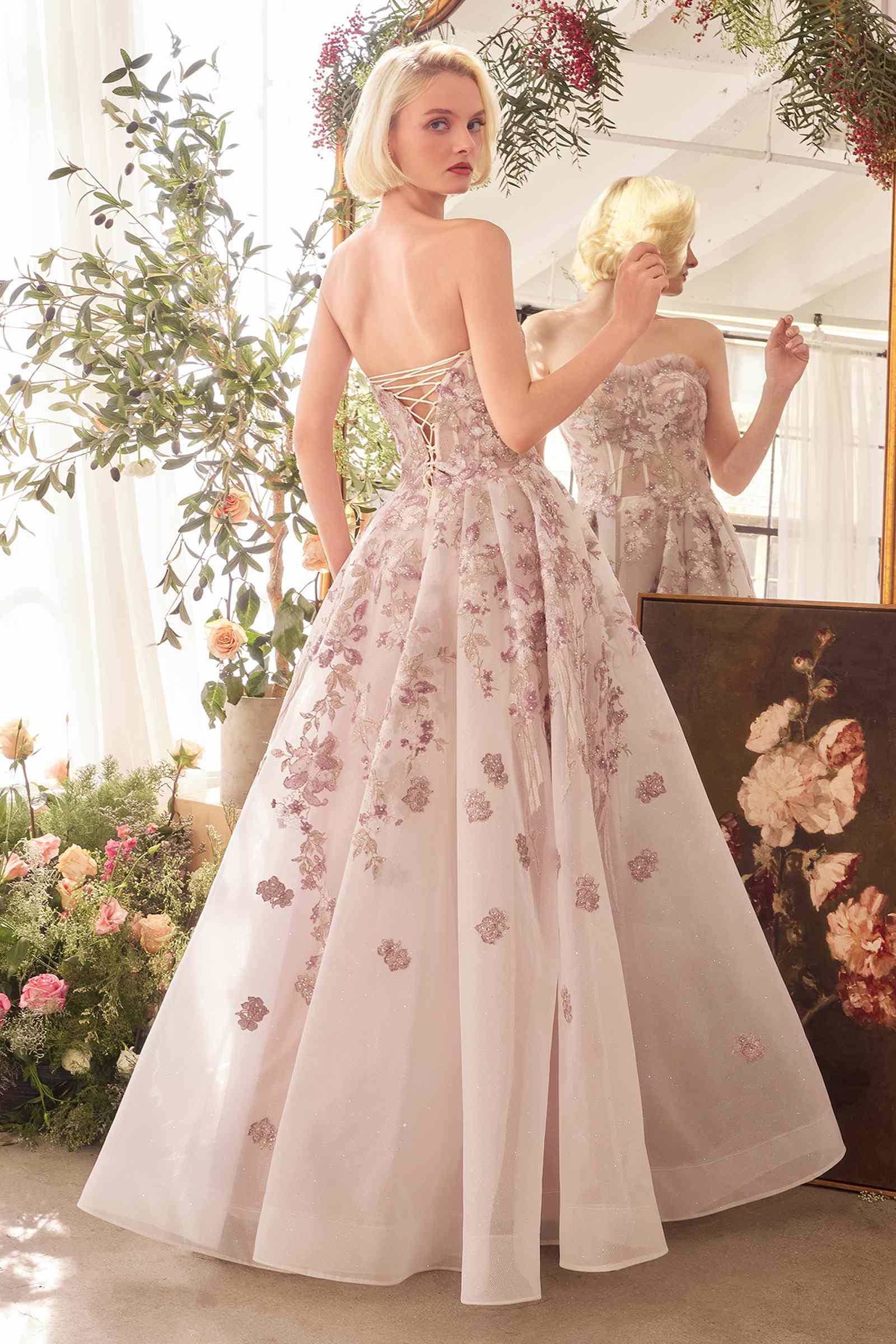 Mauve Andrea & Leo A1455 dress with romantic embroidery, A-line corset gown, shown from the back.
