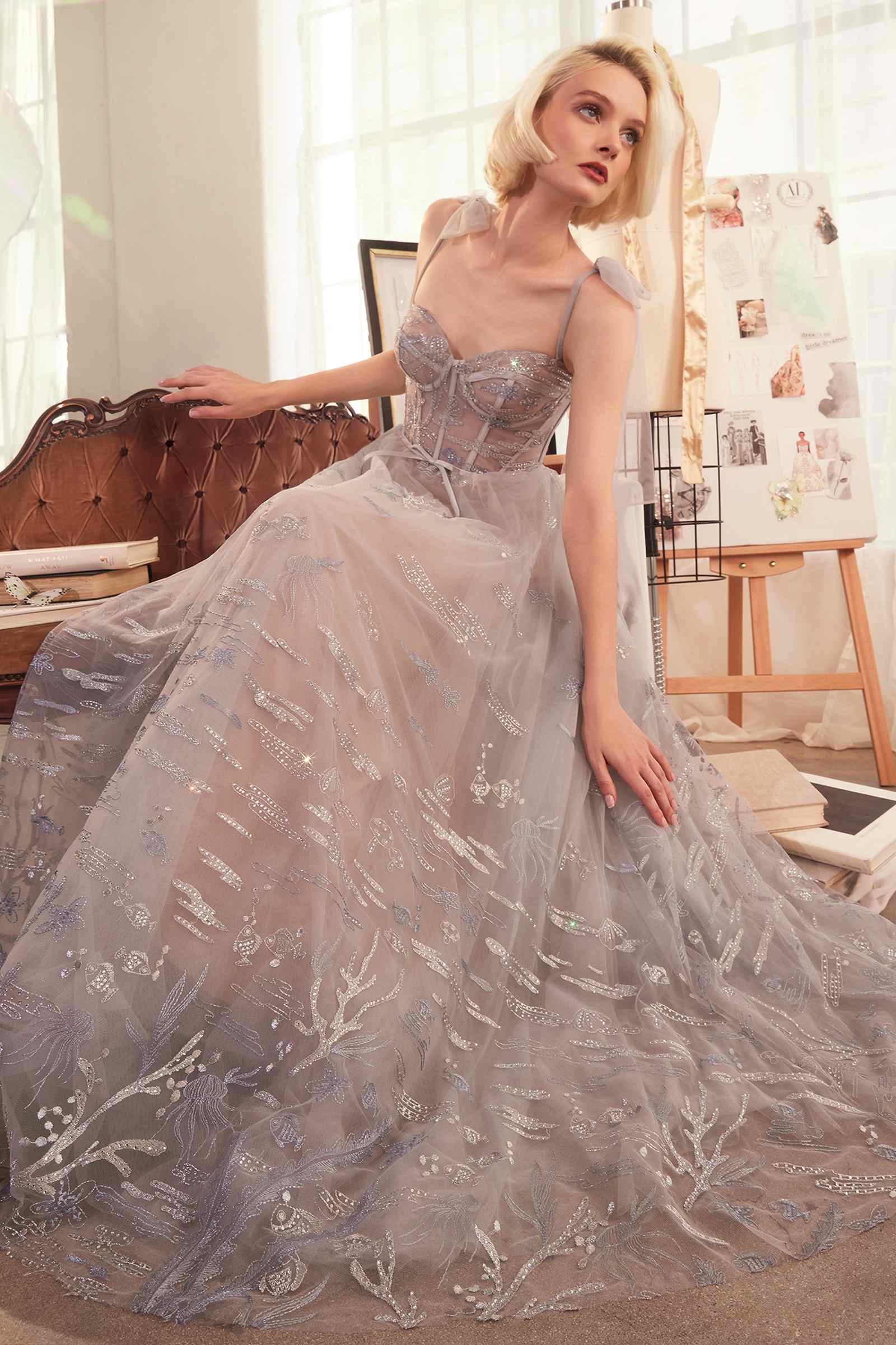 Silver Andrea & Leo A1458 dress with Under The Sea embroidery, featuring an elegant A-line gown style.