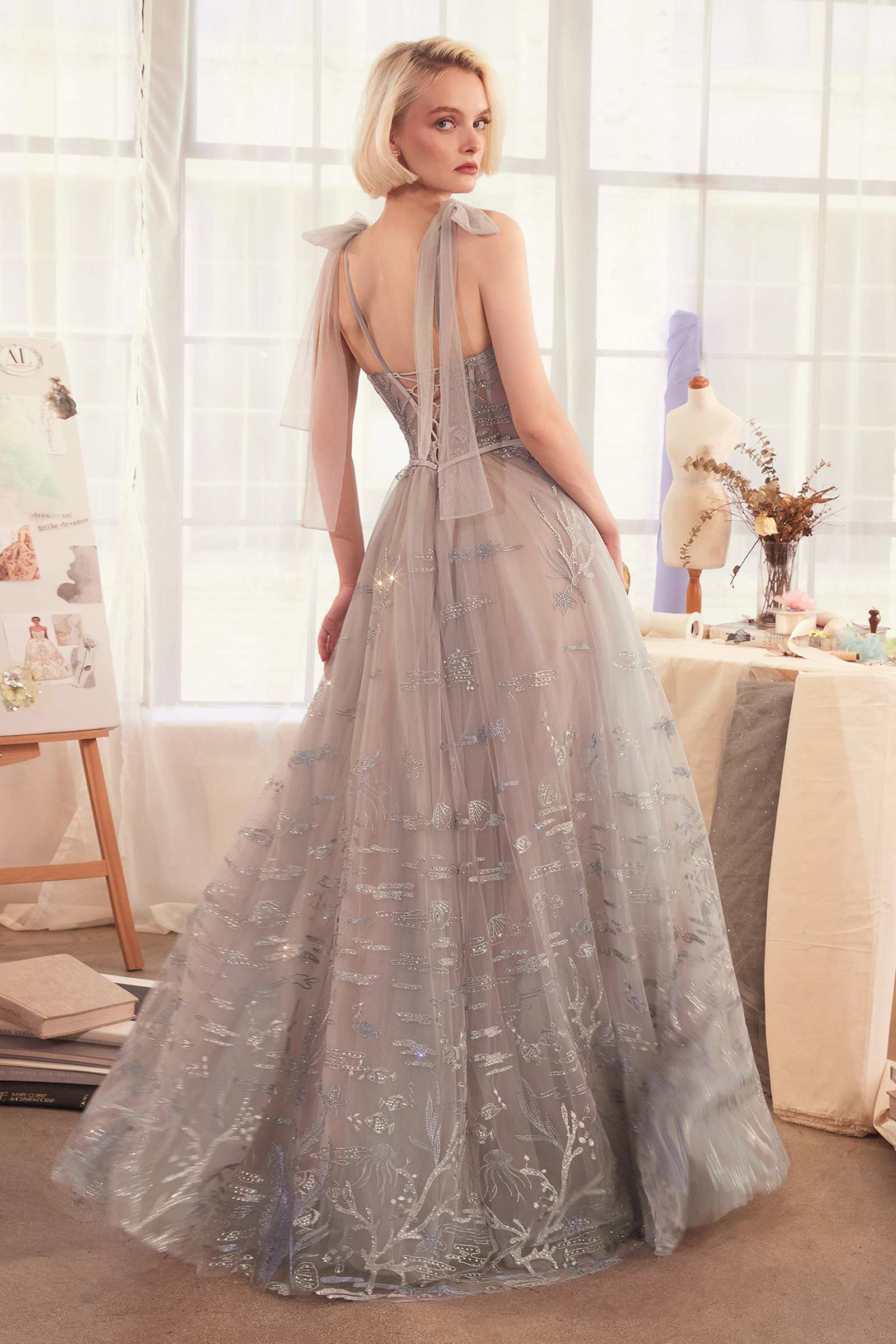 Silver Andrea & Leo A1458 dress with Under The Sea embroidery, A-line gown, back view, elegant and detailed design.