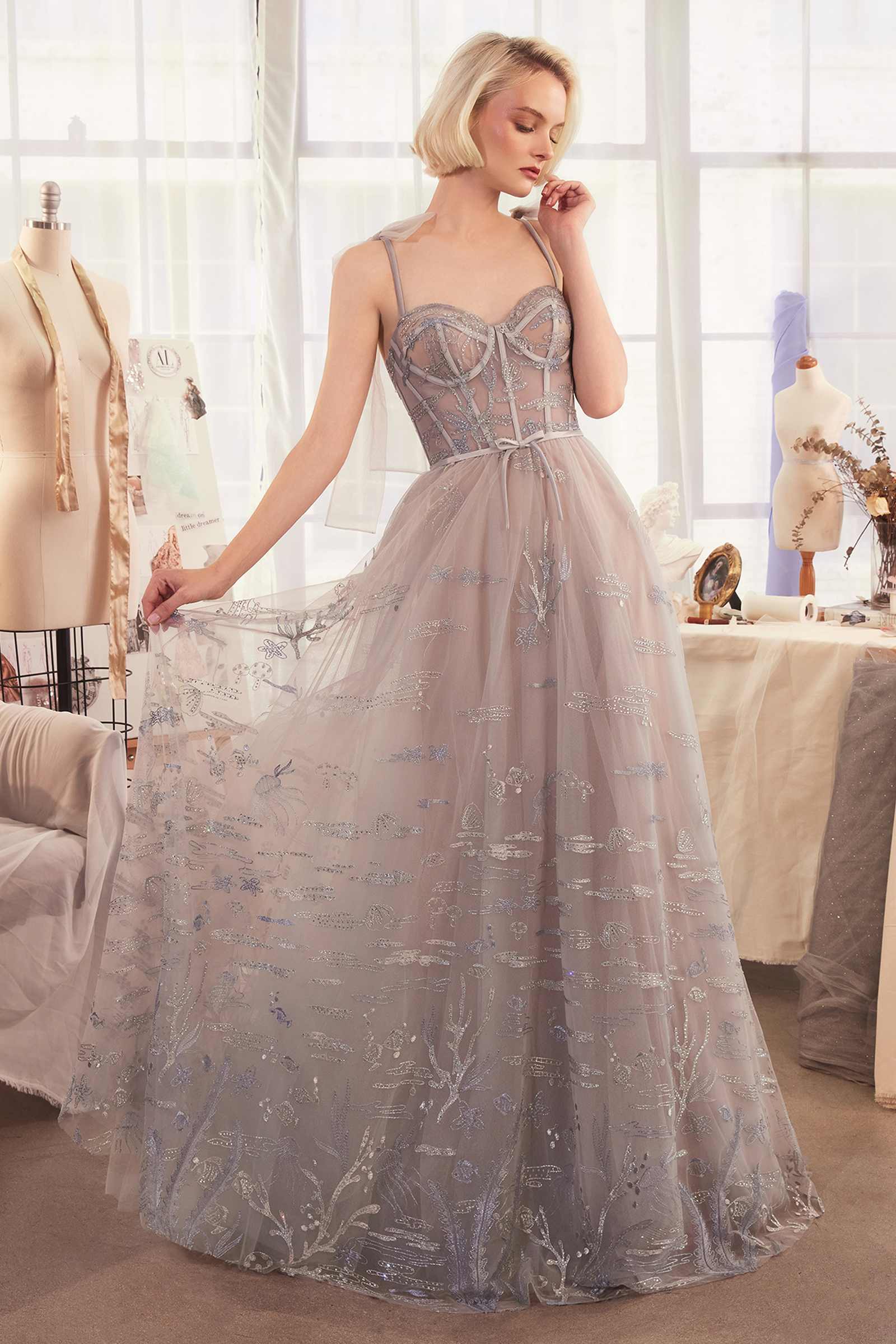 Silver Andrea & Leo A1458 dress with Under The Sea embroidery, A-line gown, front view, elegant and detailed design.