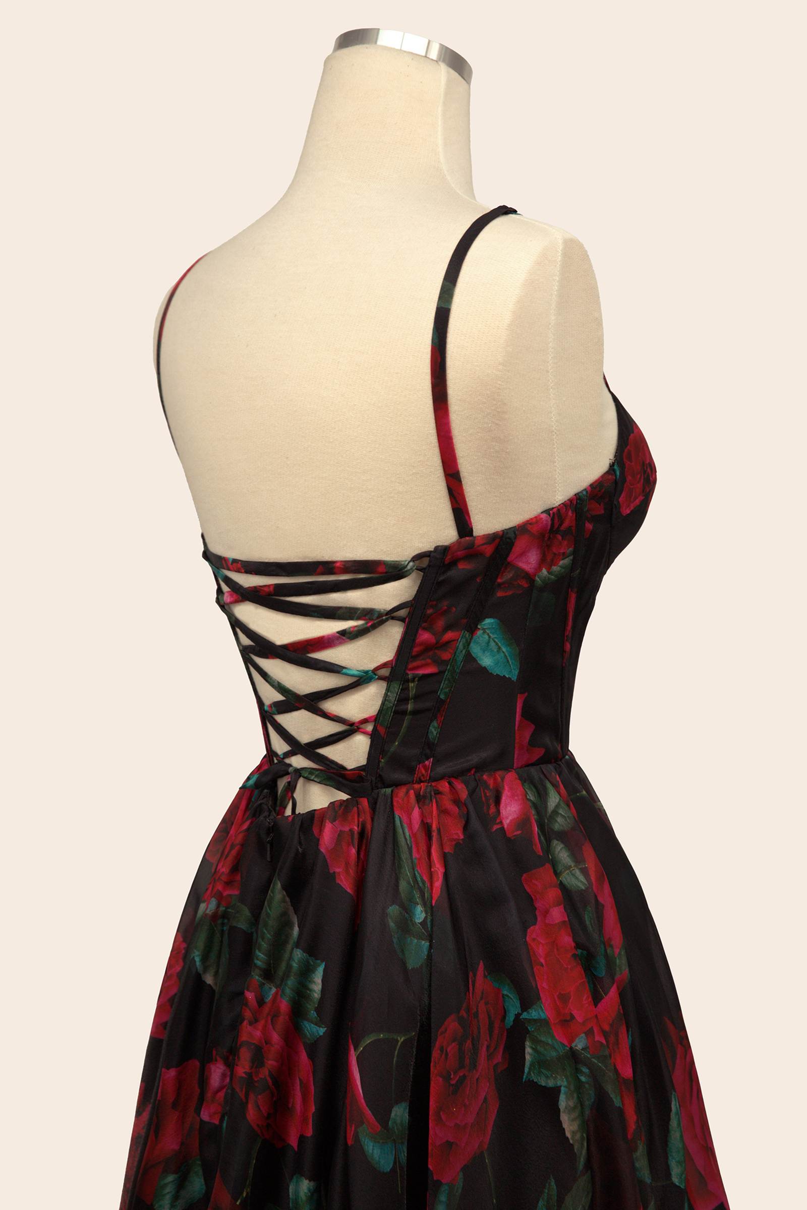 Rose print Andrea & Leo A1465 dress in elegant organza gown, shown from the back with black accents.