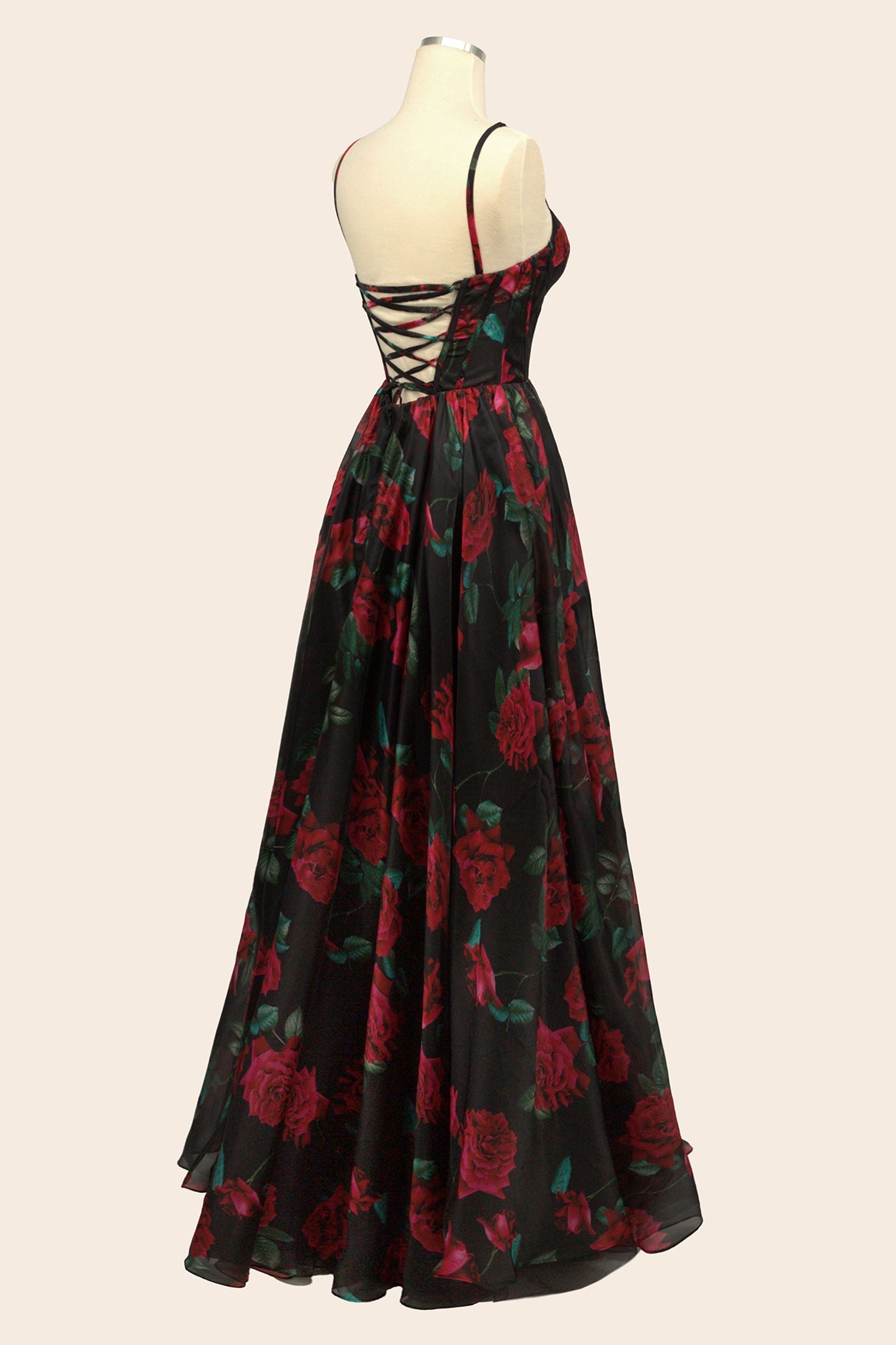 Rose print Andrea & Leo A1465 dress made of sheer organza fabric, shown from the back with black accents.
