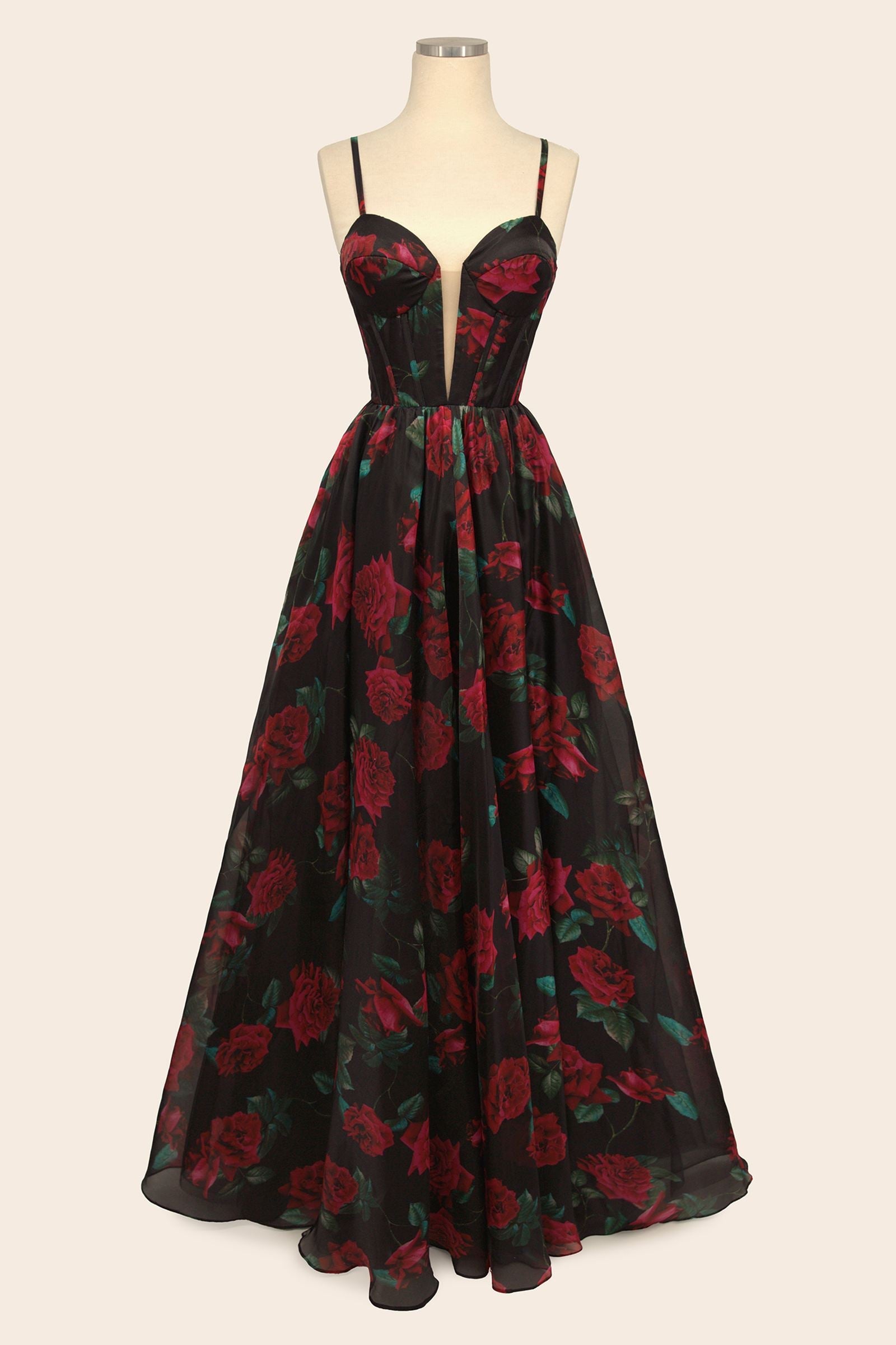 Andrea & Leo A1465 rose print organza gown, elegant dress with a fitted bodice and flowing skirt, black front view.