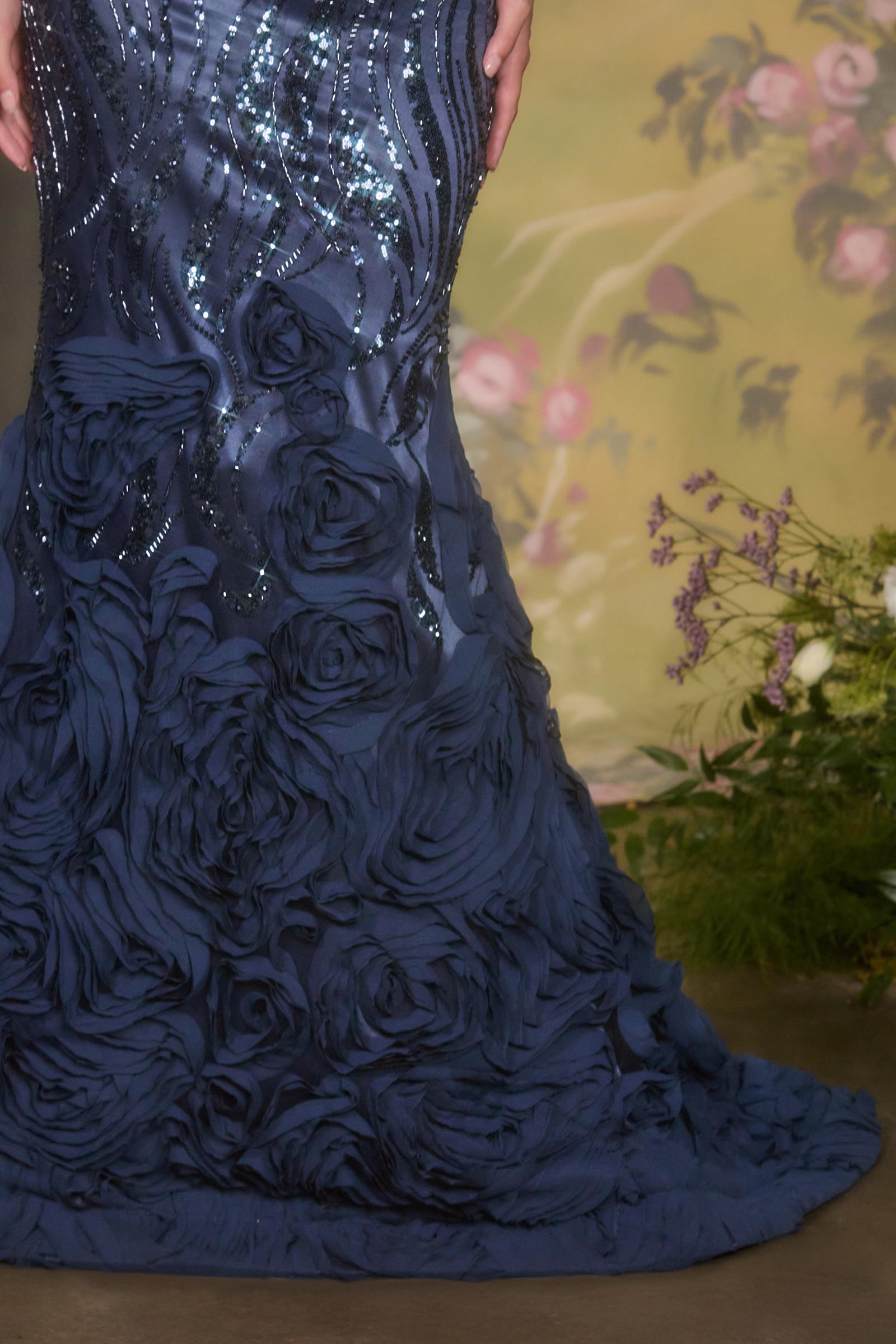Navy Andrea & Leo A1482 Luxe Satin off-the-shoulder mermaid gown, elegant dress with fitted silhouette and satin finish.