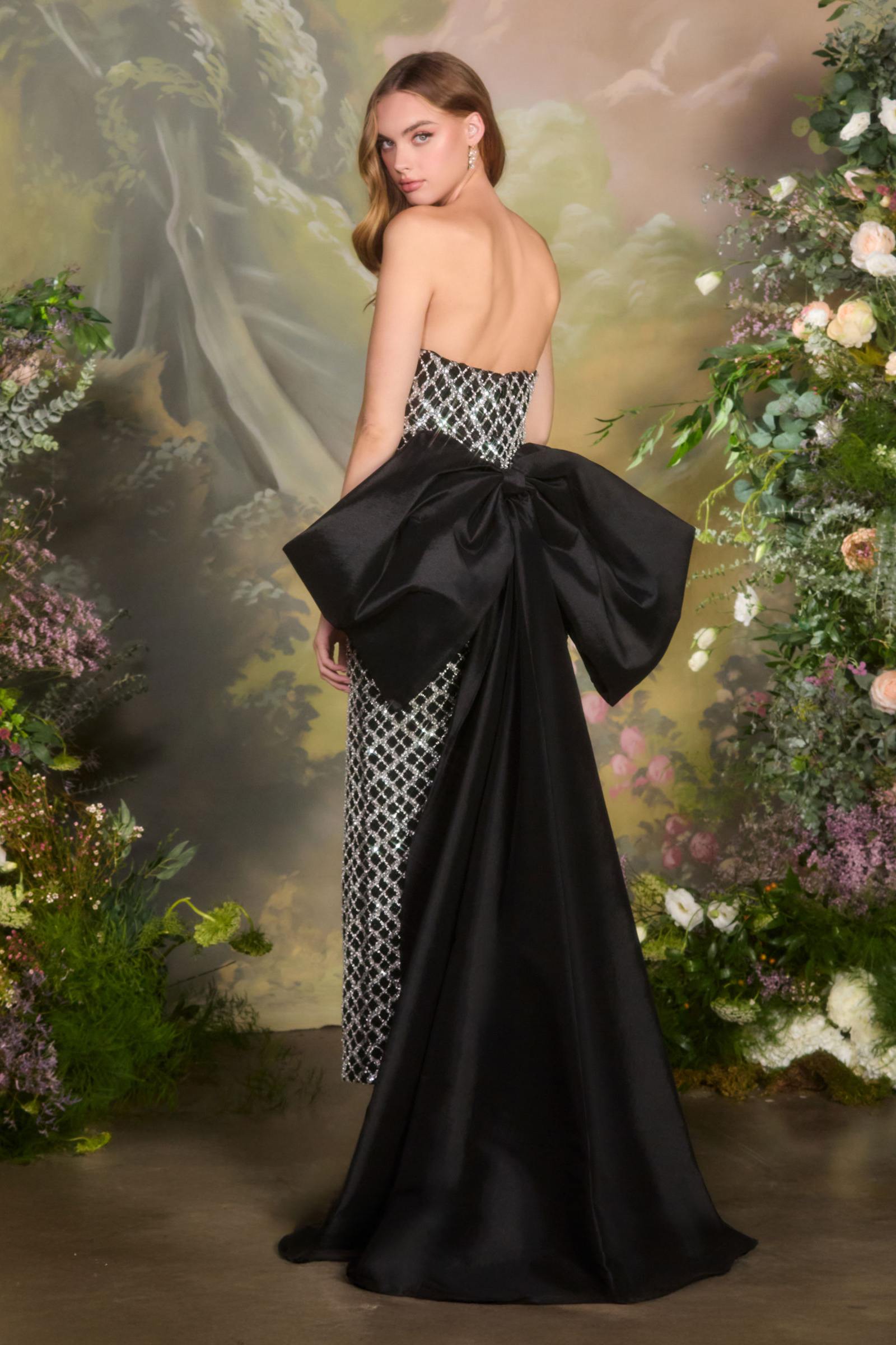 Back view of Andrea & Leo A1486 fitted black column gown with intricate crystal lattice beadwork, elegant and form-fitting dress.