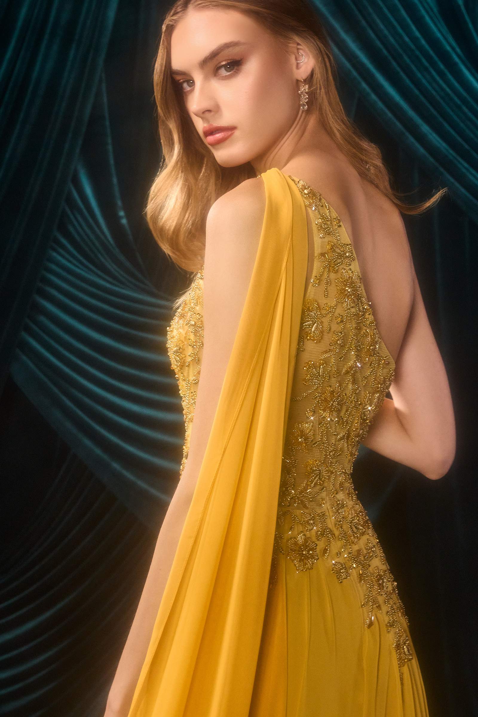 Marigold Andrea & Leo A1495 one-shoulder chiffon A-line formal dress with elegant design and flowing fabric.