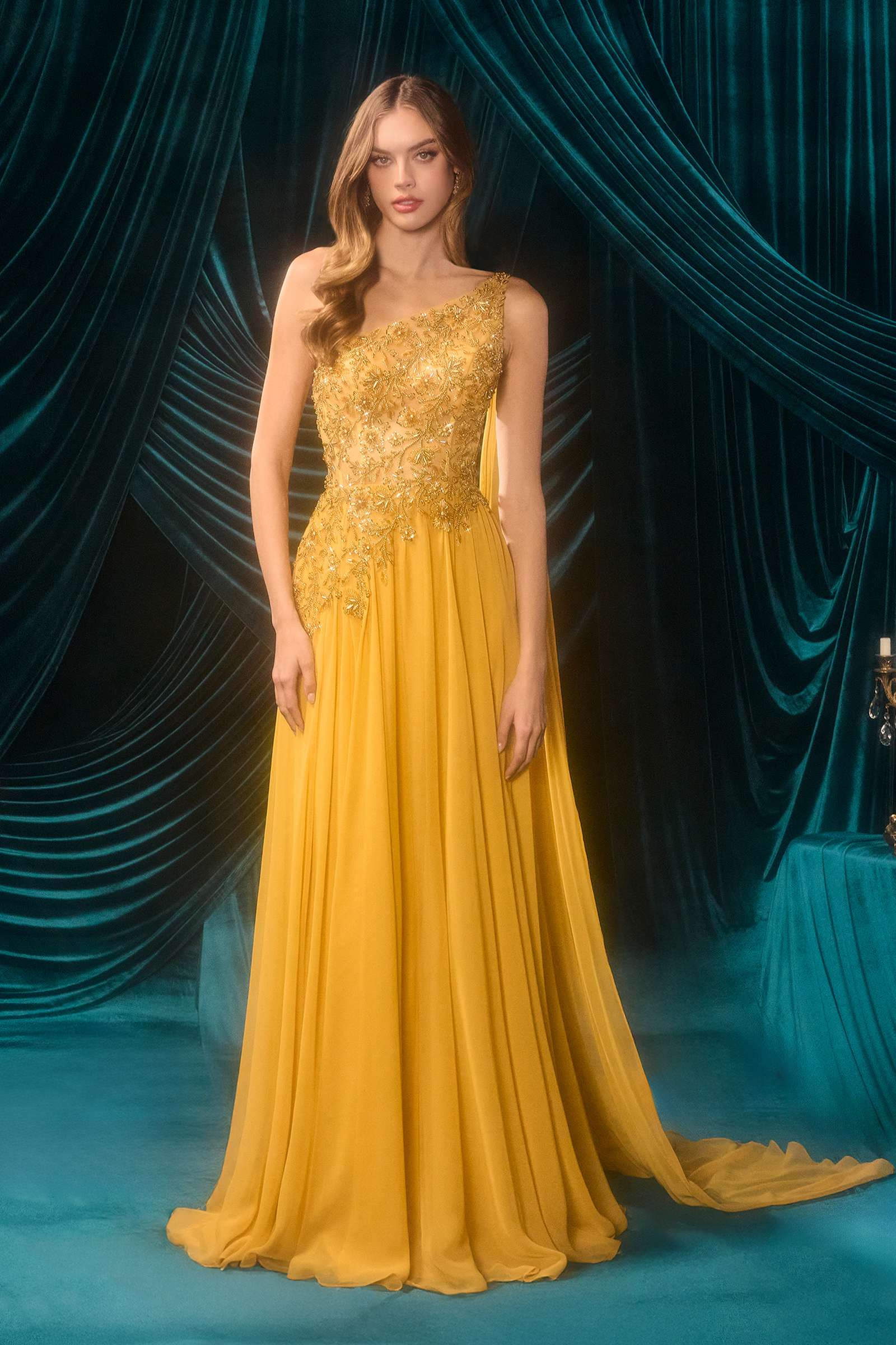 Marigold Andrea & Leo A1495 one-shoulder chiffon A-line formal dress, front view, elegant design for special occasions