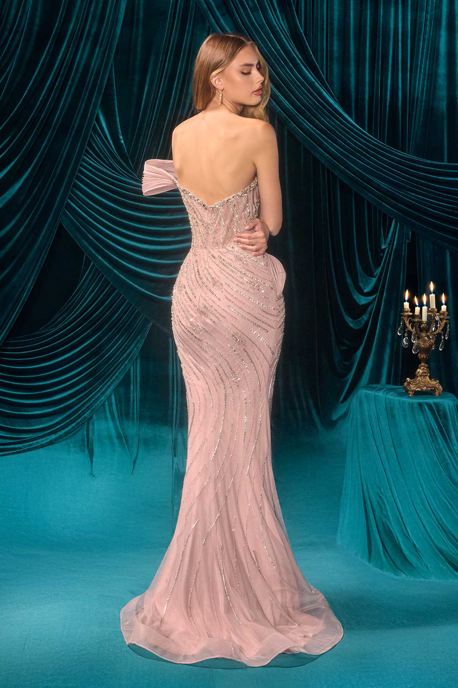 Mauve Andrea & Leo A1504 fitted evening gown with elegant draping and a sophisticated design, perfect for formal occasions.