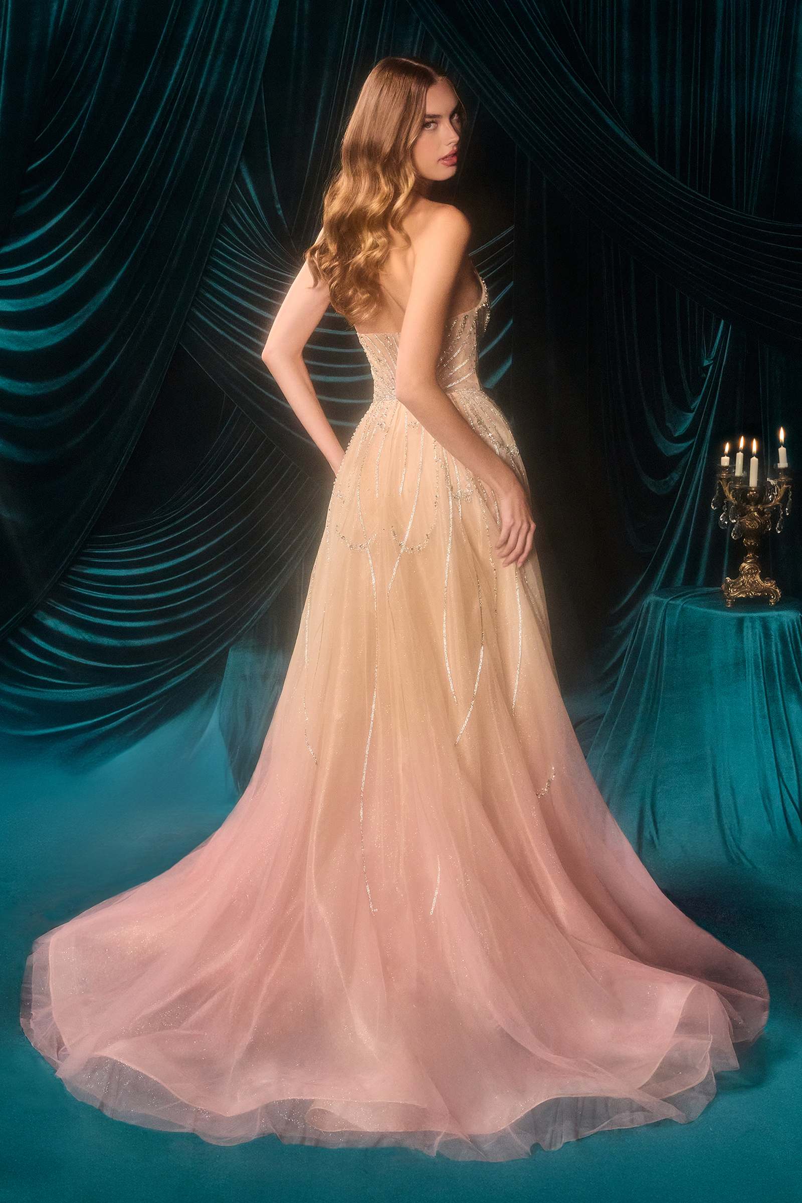 Elegant Andrea & Leo A1508 fitted layered overskirt gown with ombre pattern in champagne and blush, showcasing a formal dress design.