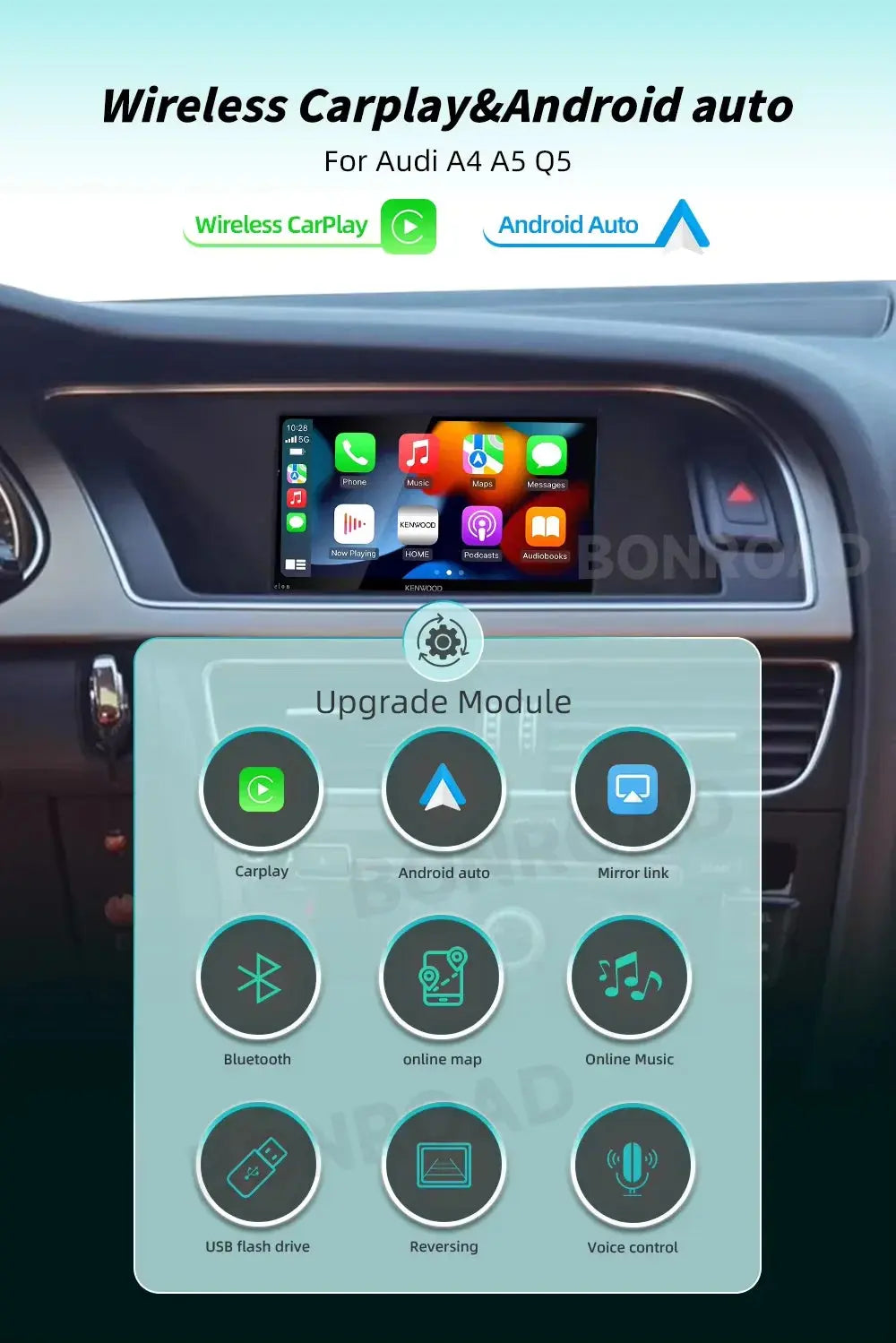 BONROAD Wireless CarPlay Android Auto Interface Adapter for Audi A4 B8 A5 Q5 2009-2015 with AirPlay Mirror Link Bluetooth ZITA LA BELLE ÉLITE