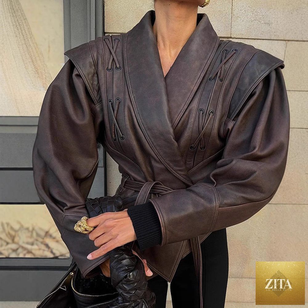 FitiqueFit PU leather strap-up short jacket with V-neck, long sleeves, stylish streetwear design.