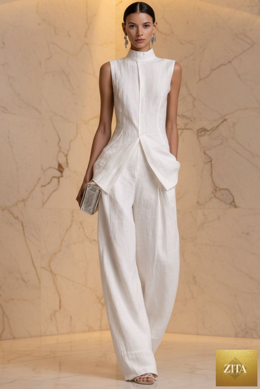 Women's stand collar longline vest top and wide-leg trousers two-piece set by MERIDGE, shown in a stylish, coordinated outfit.