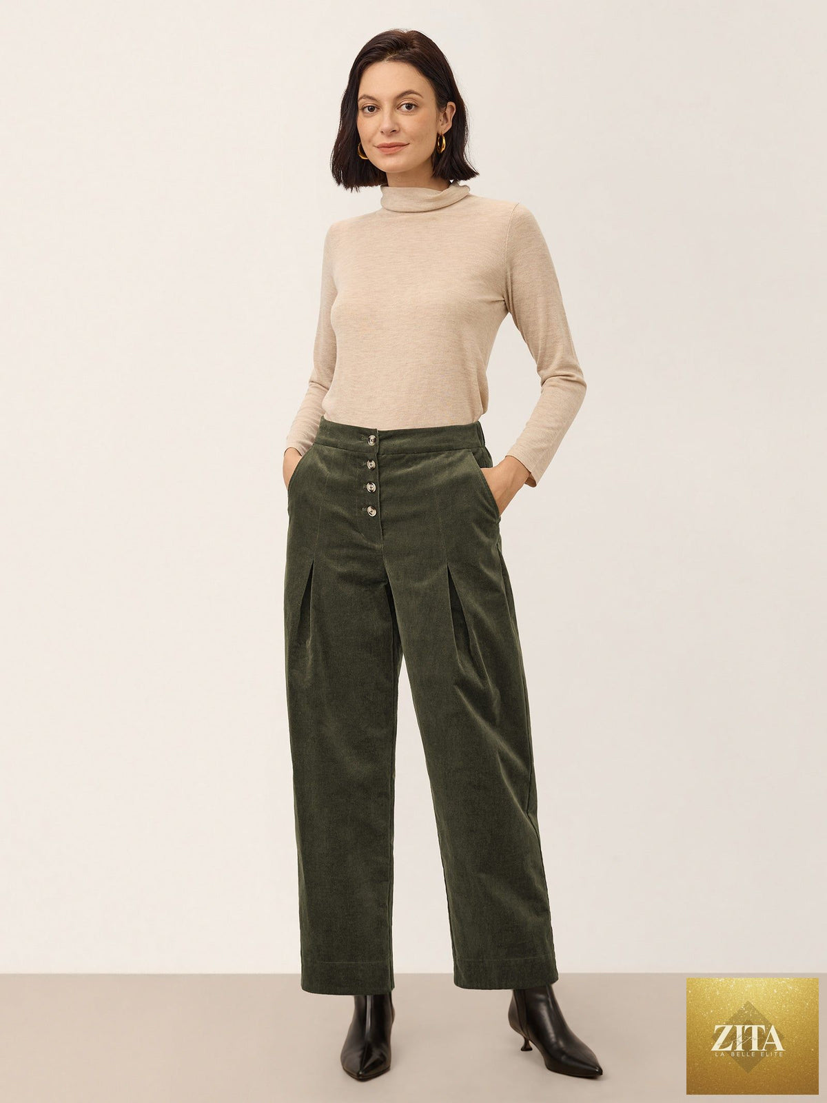 Cotton Lyocell Adjustable Button Mid Waist Tapered Ankle Pants ISOLABEL