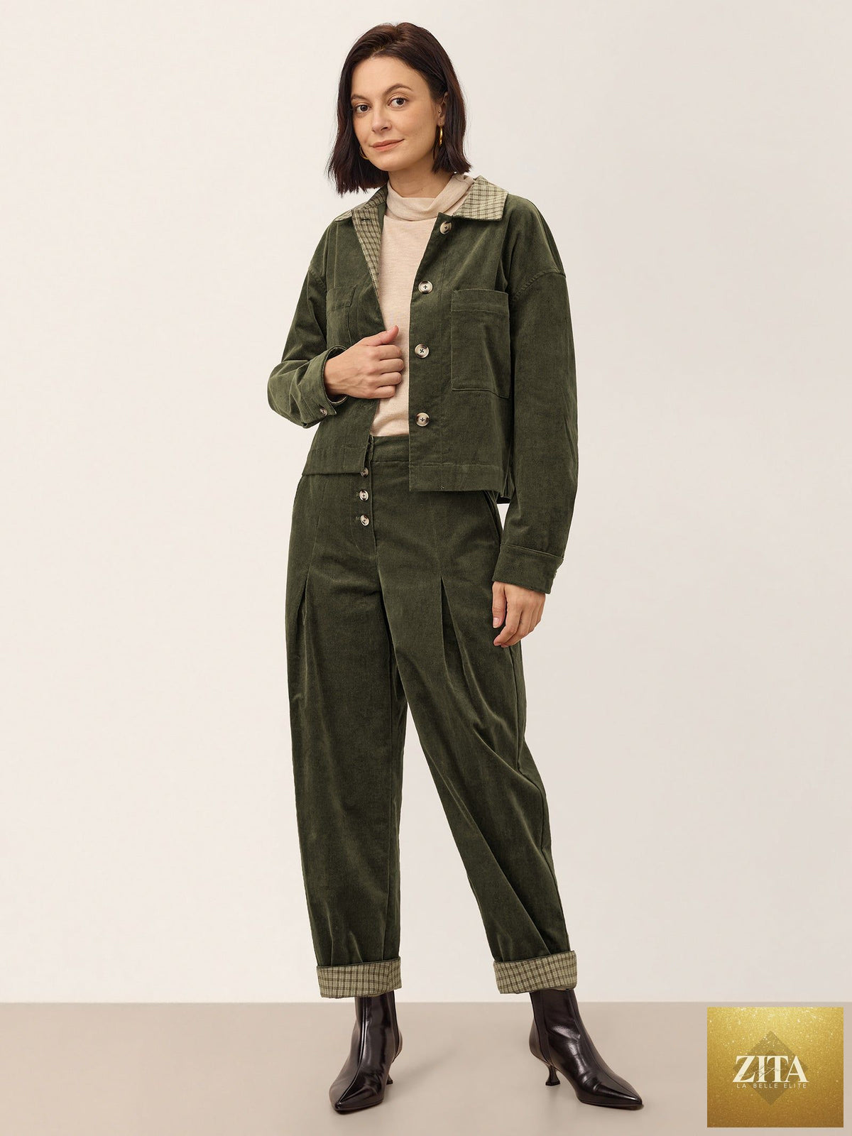 Cotton Lyocell Adjustable Button Mid Waist Tapered Ankle Pants ISOLABEL