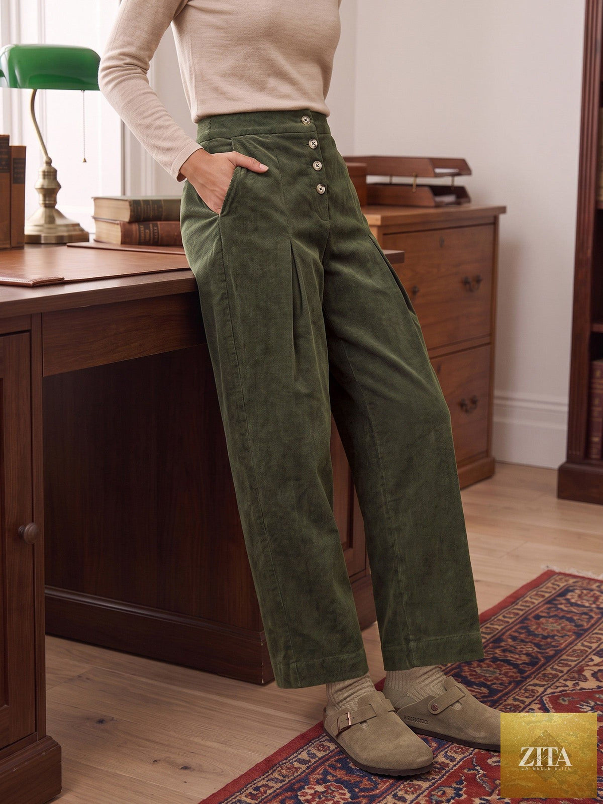 Cotton Lyocell Adjustable Button Mid Waist Tapered Ankle Pants ISOLABEL